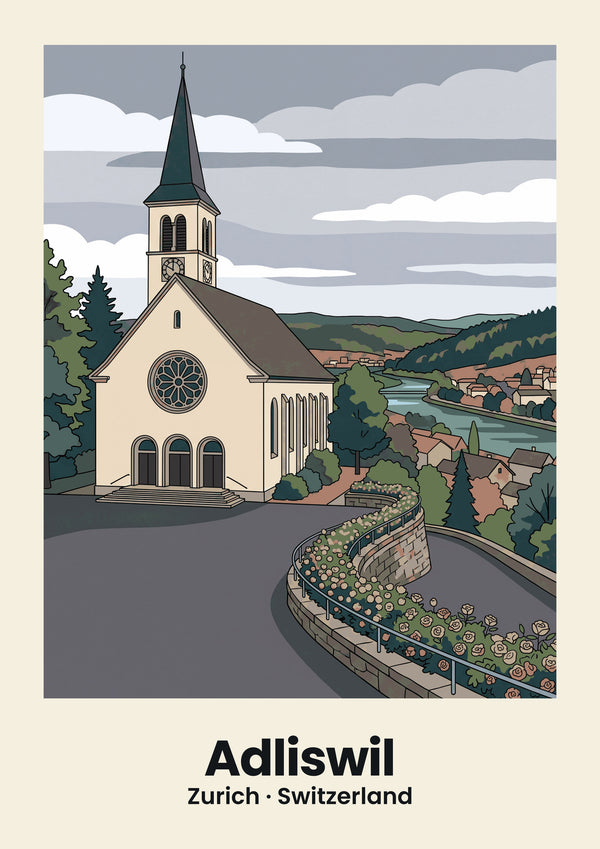 Adliswil Poster — Reformierte Kirche und Sihl | Vintage Reiseposter