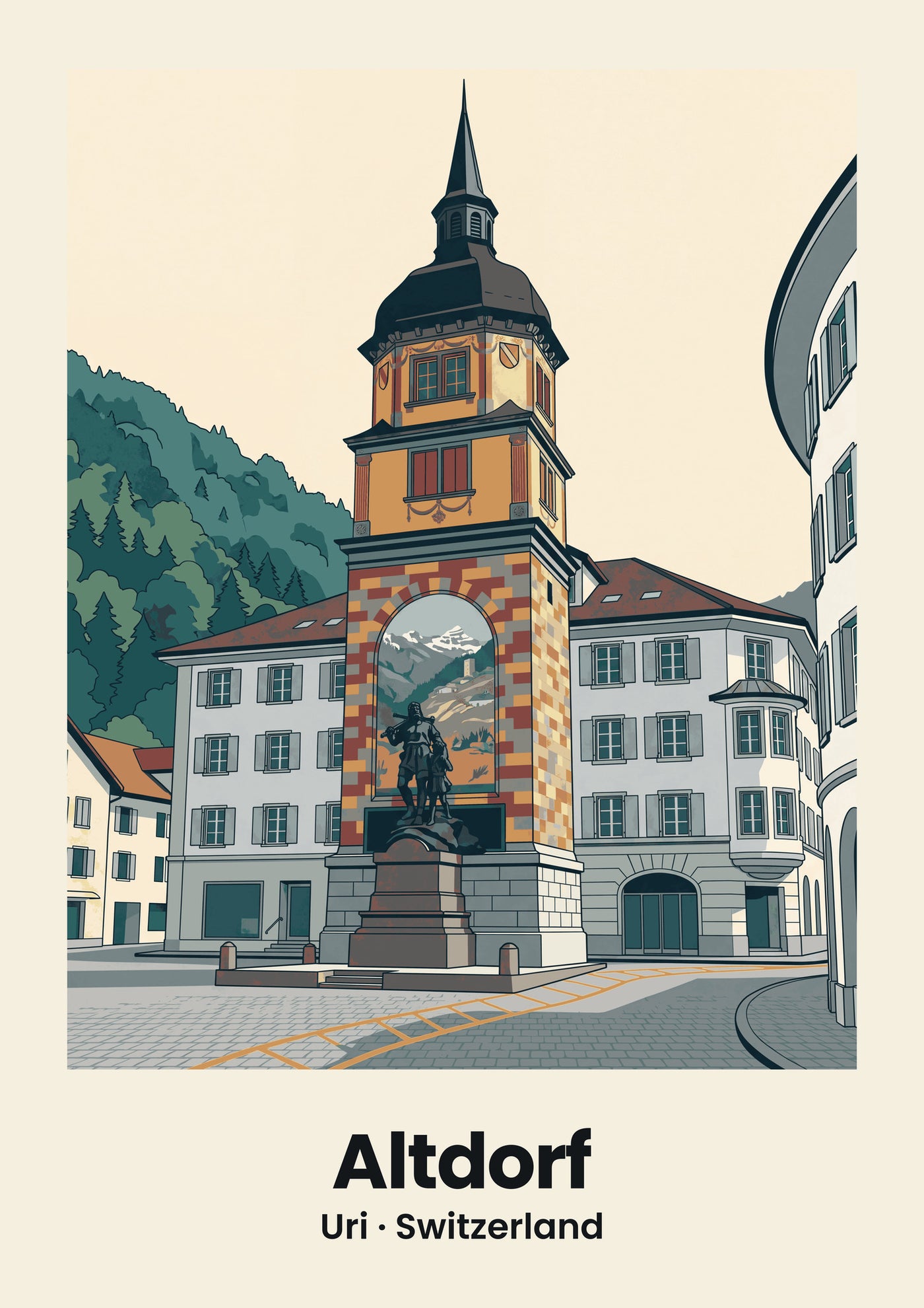 Altdorf Poster — Tell-Denkmal und Türmli, flache Illustration