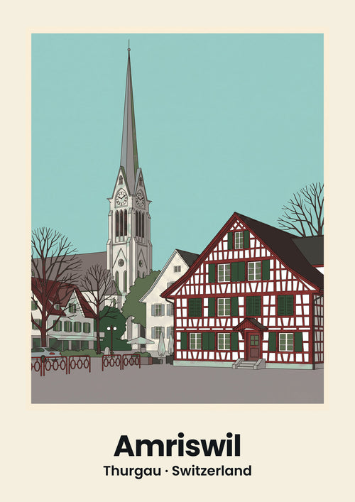 Amriswil — church steeple and half-timbered house in Amriswil poster