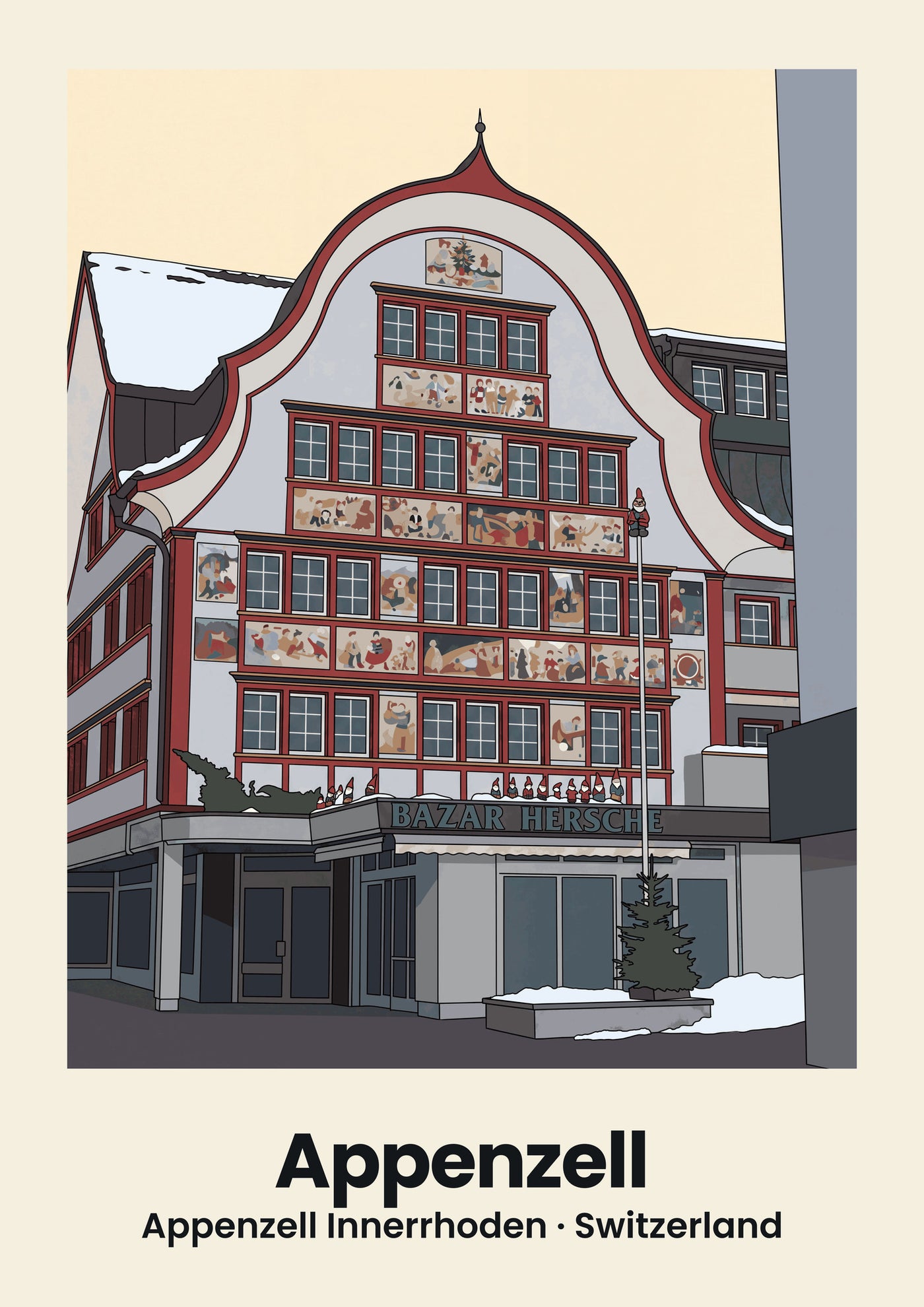 Appenzell Poster — Bemalte Häuser an der Hauptgasse, flache Illustration