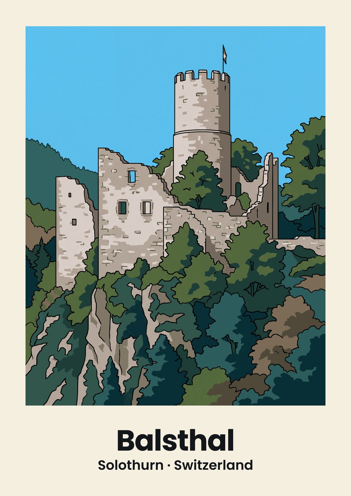 Balsthal Poster — Ruine Neu-Falkenstein, flache Illustration