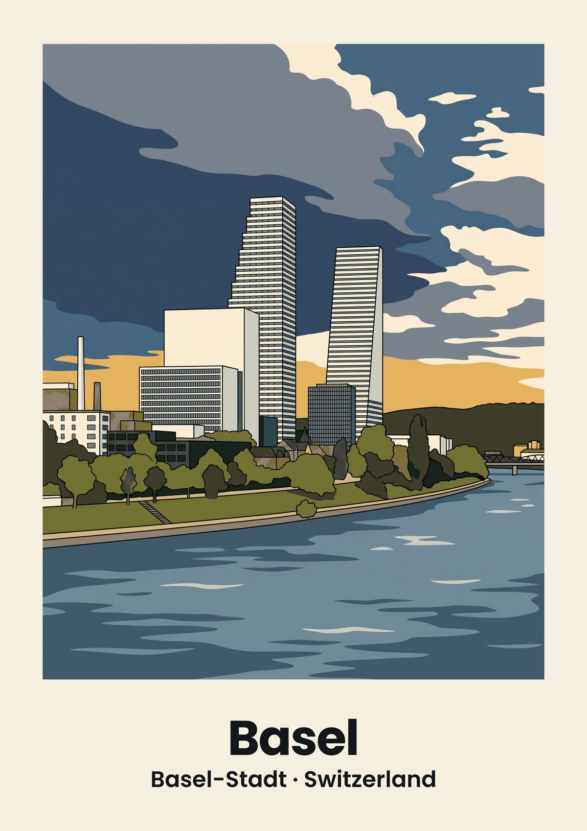 Basel Poster — Roche-Türme, flache Illustration