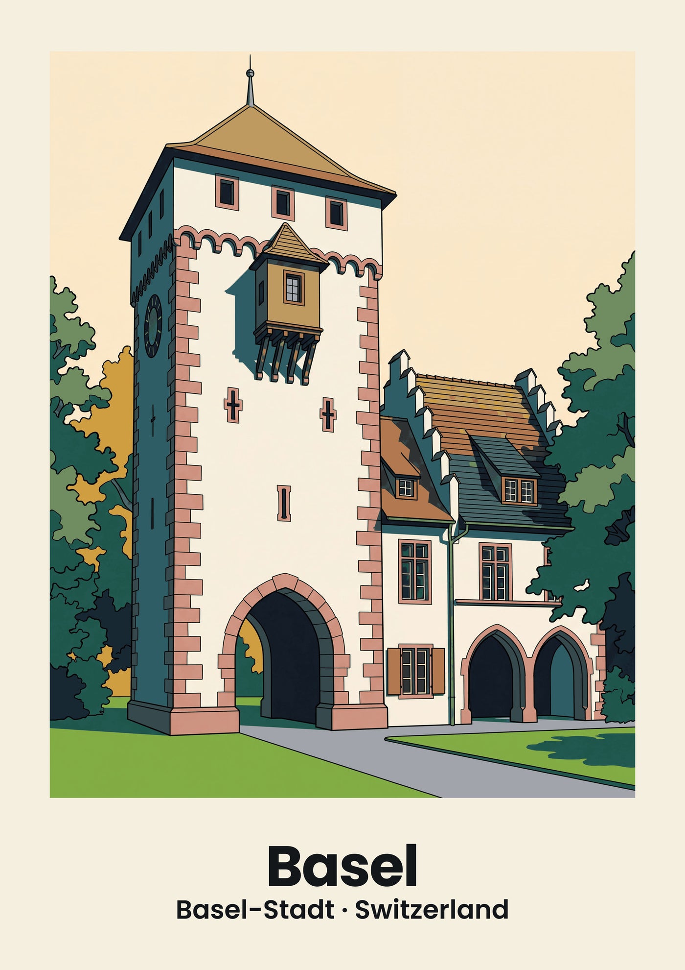 Basel Poster — St. Alban-Tor, flache Illustration