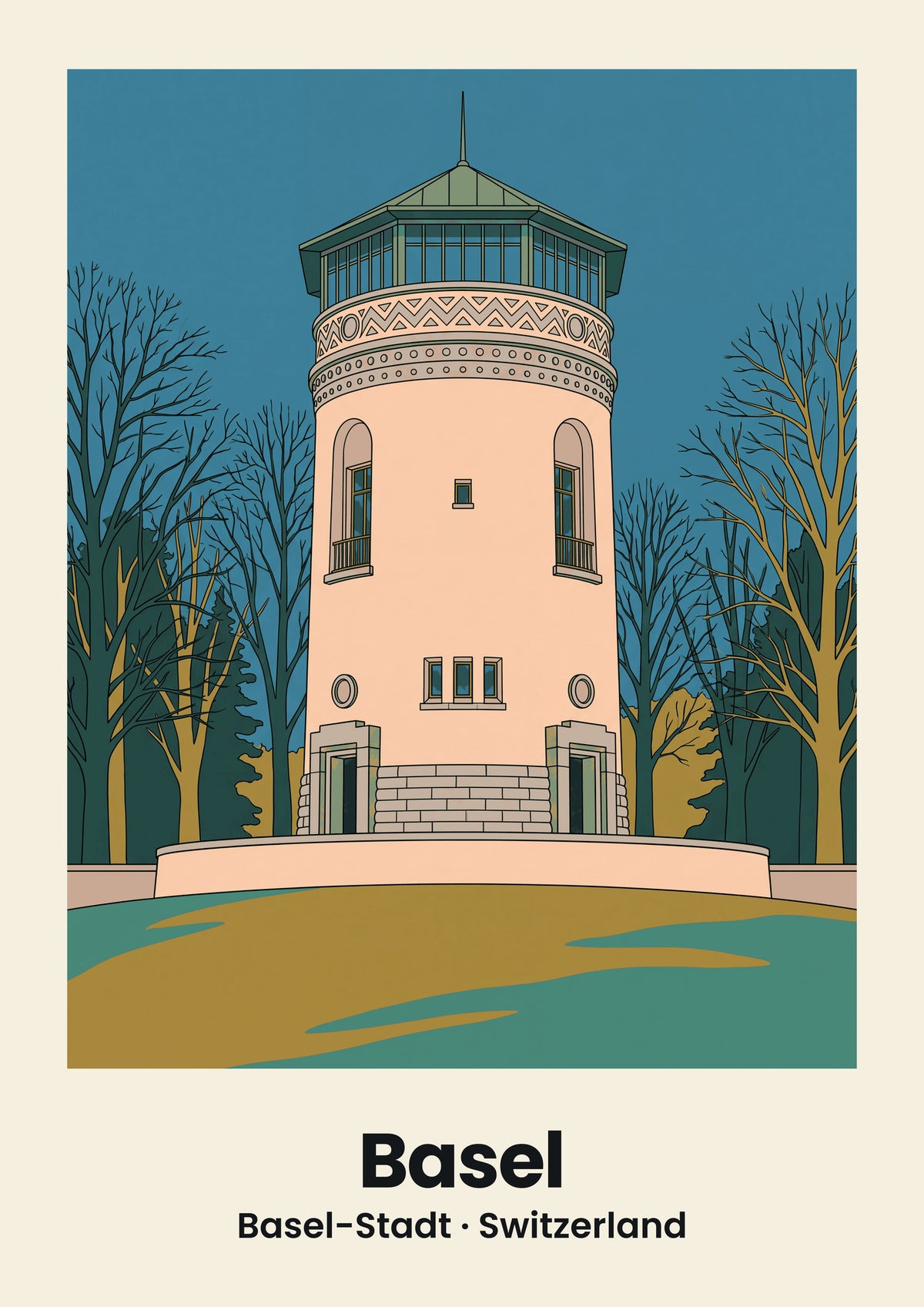Basel Poster — Wasserturm, flache Illustration