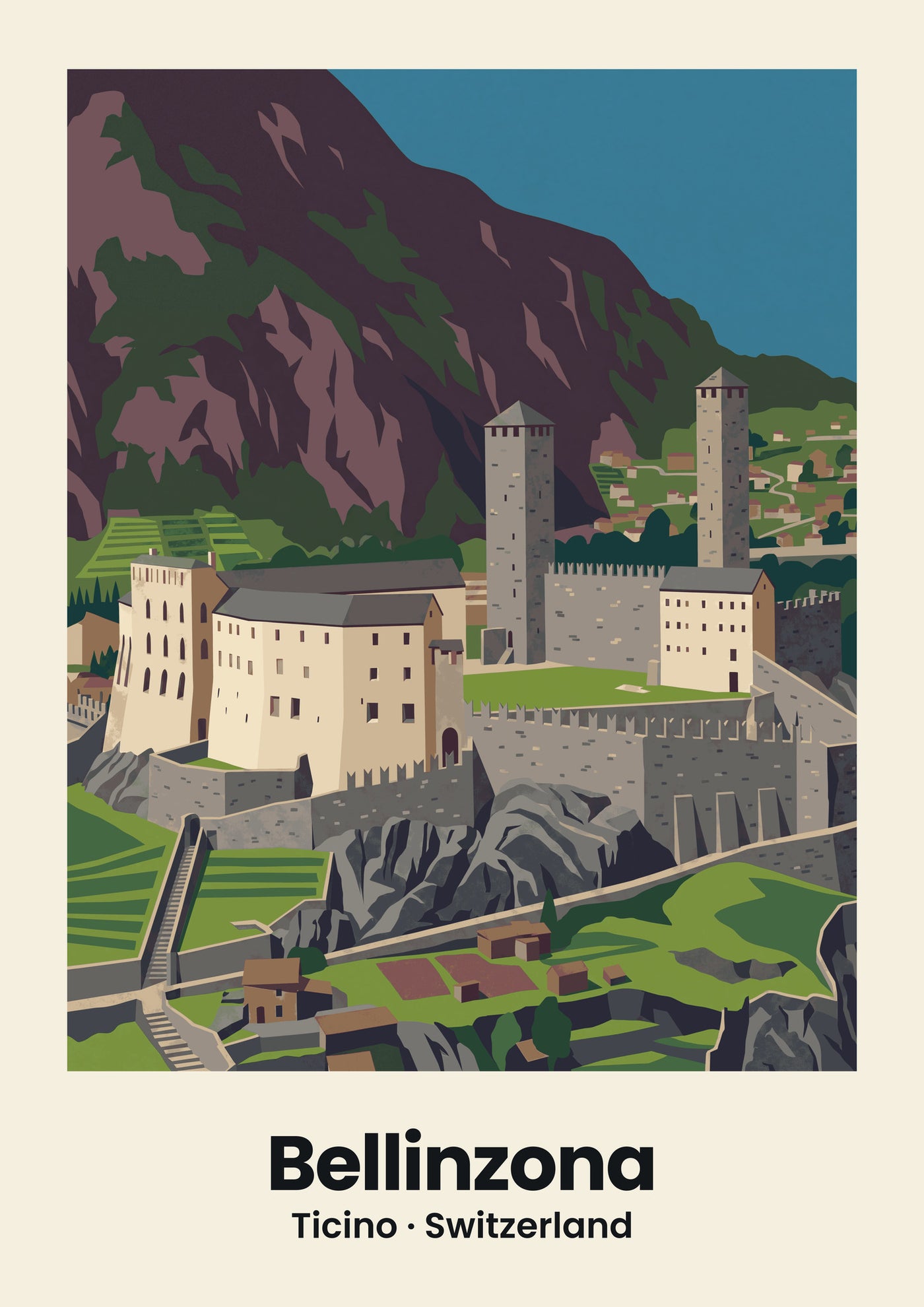 Bellinzona Poster — Castelgrande, flache Illustration