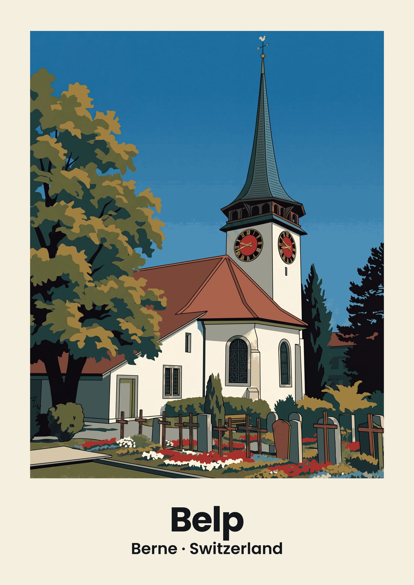Belp Poster — Reformierte Kirche, flache Illustration