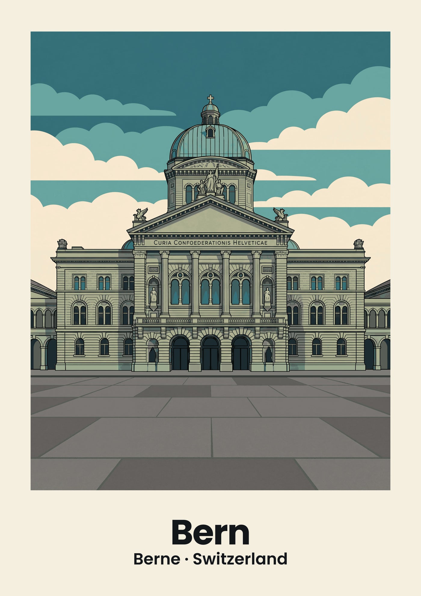 Bern Poster — Bundeshaus, flache Illustration