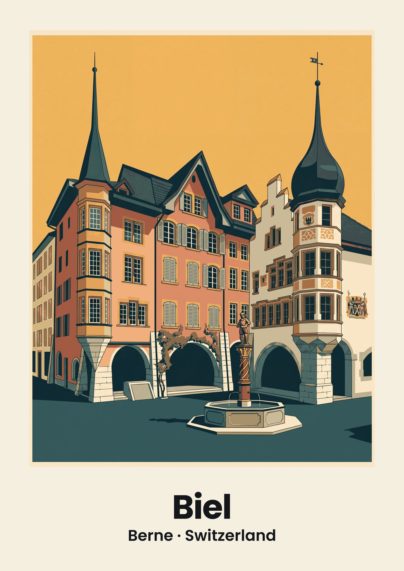 Biel Poster — Vennerbrunnen und Ring, flache Illustration