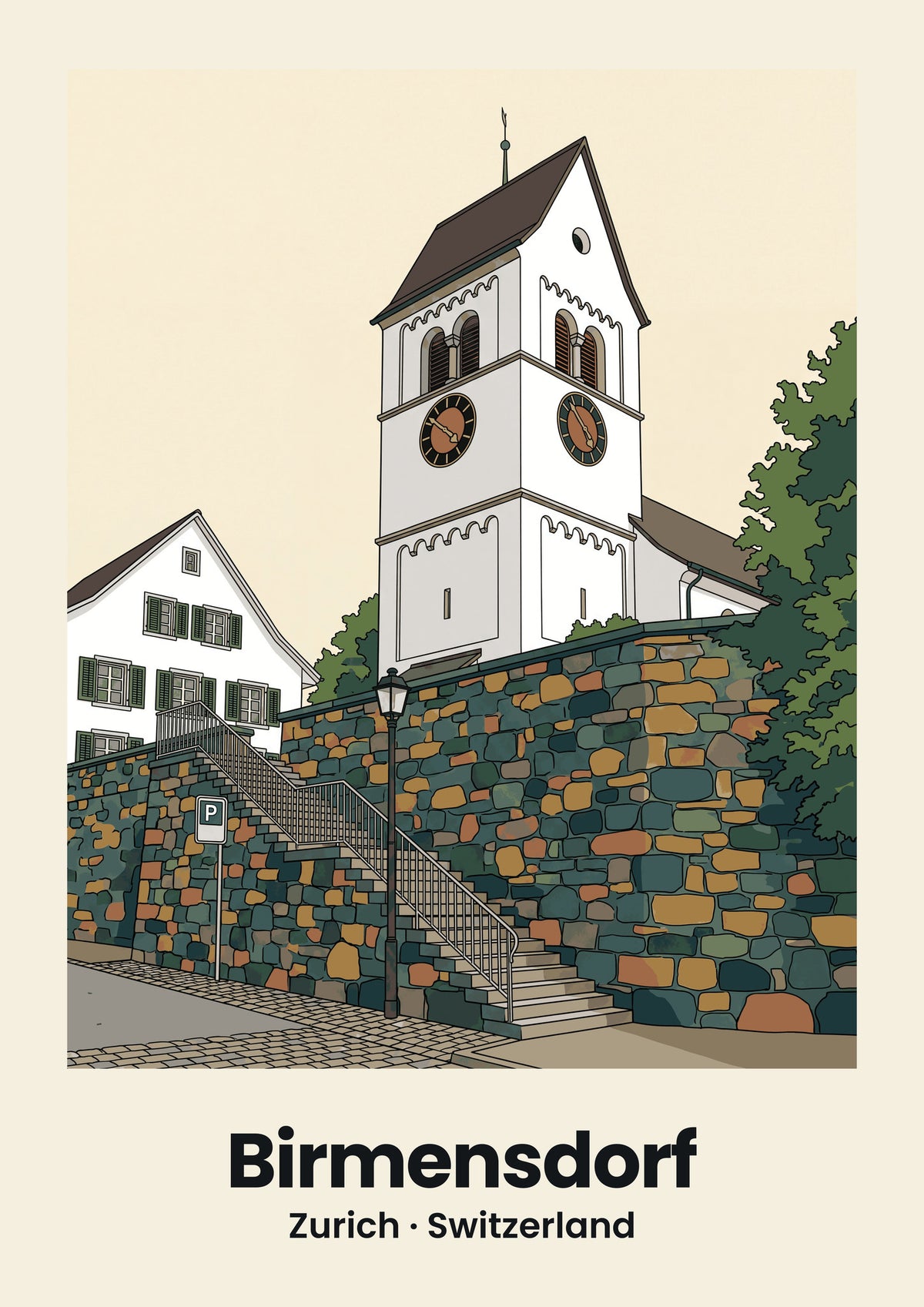 Birmensdorf Poster — Reformierte Kirche, flache Illustration