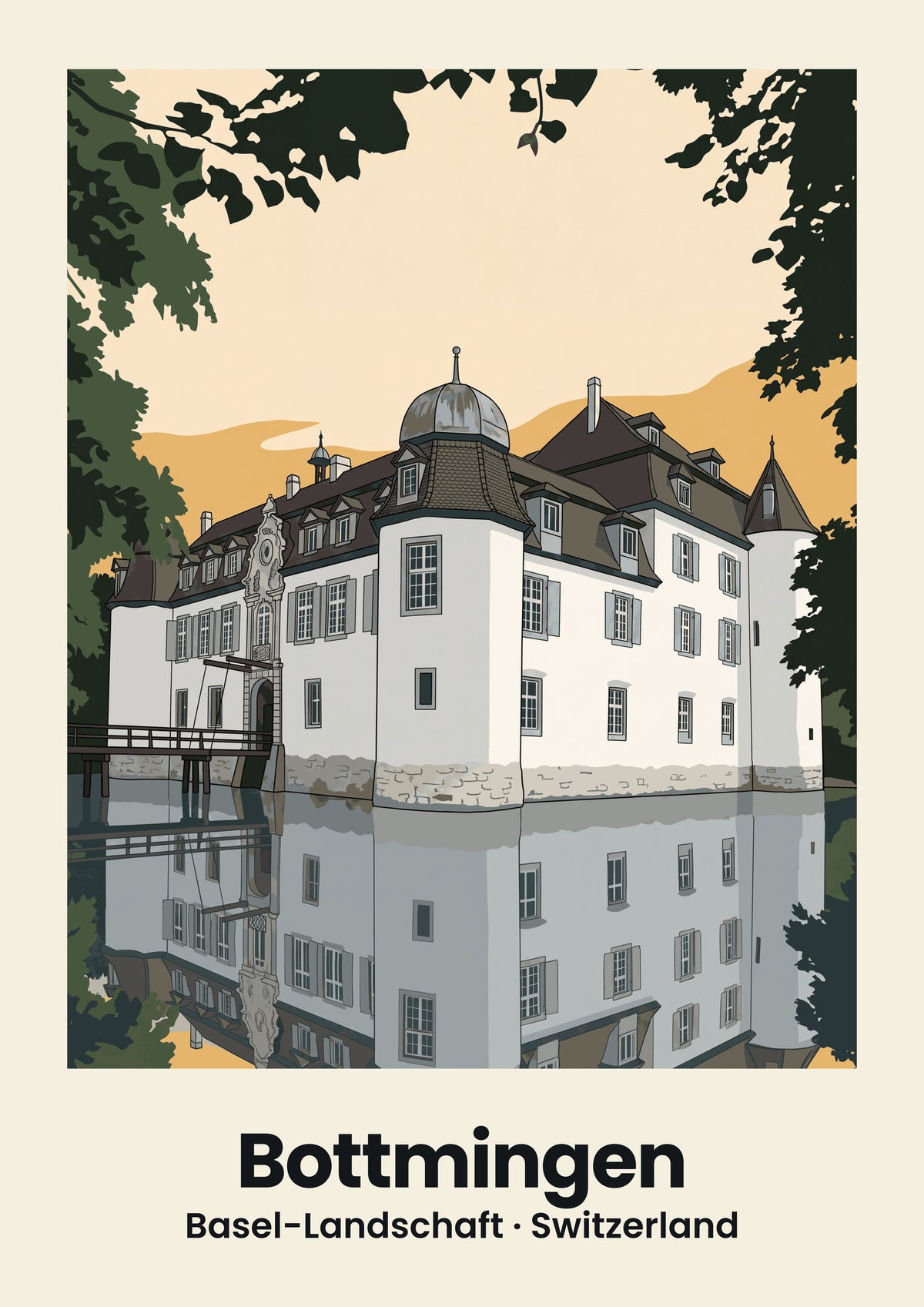 Bottmingen Poster — Wasserschloss, flache Illustration