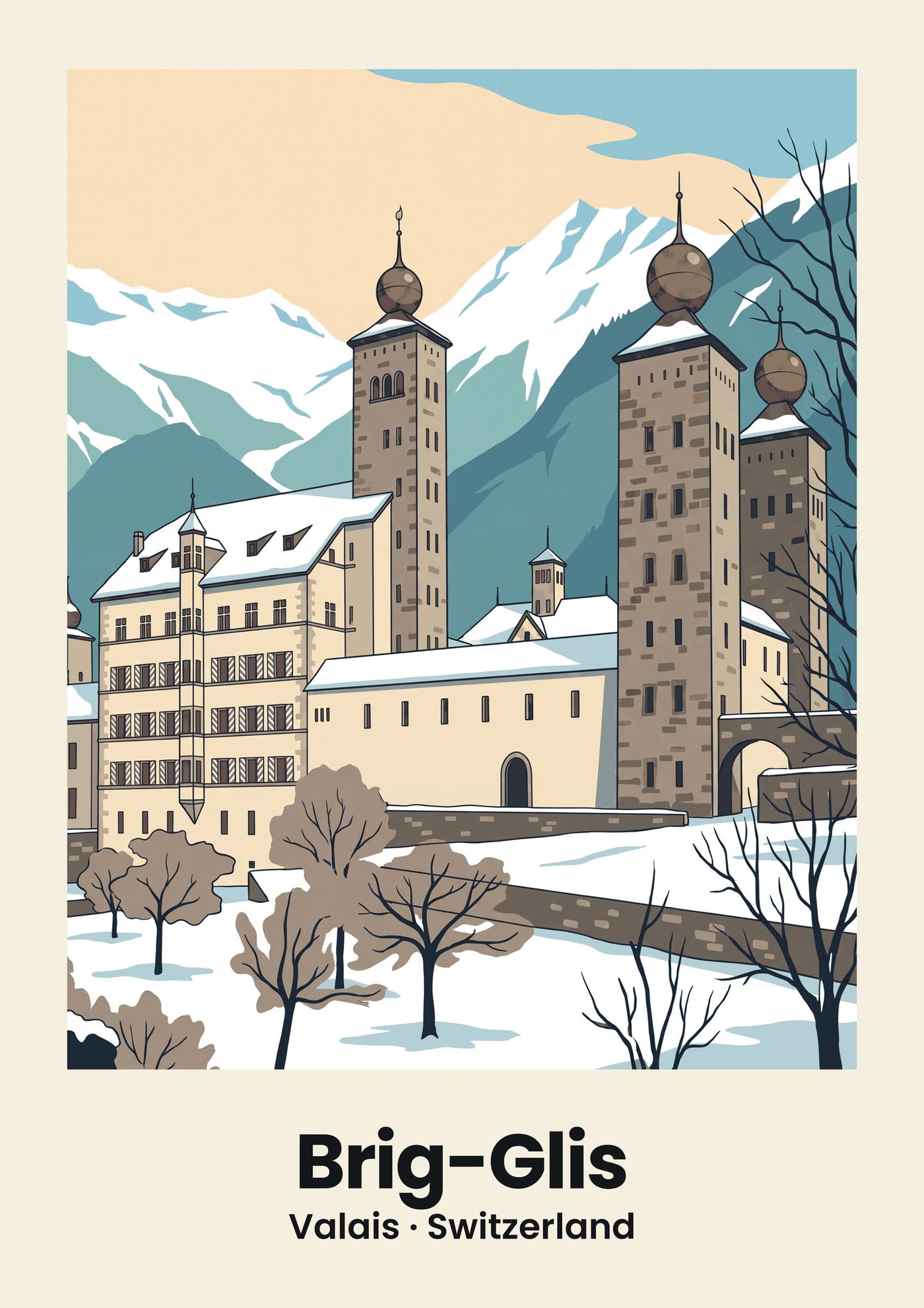 Brig-Glis Poster — Stockalperpalast, flache Illustration