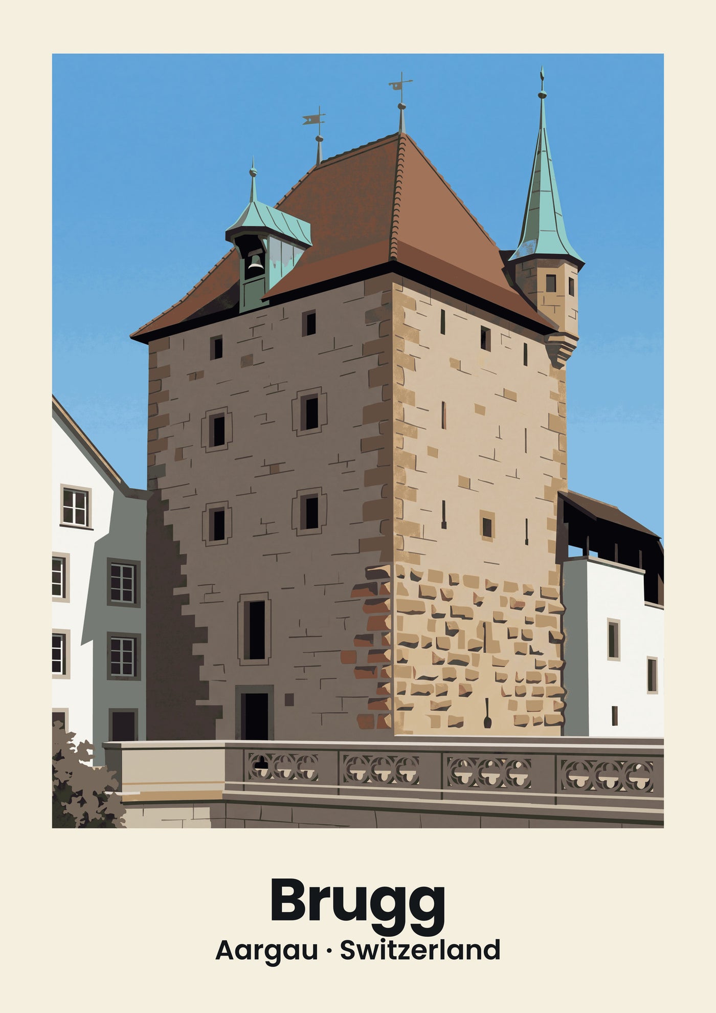 Brugg Poster — Schwarzer Turm, flache Illustration