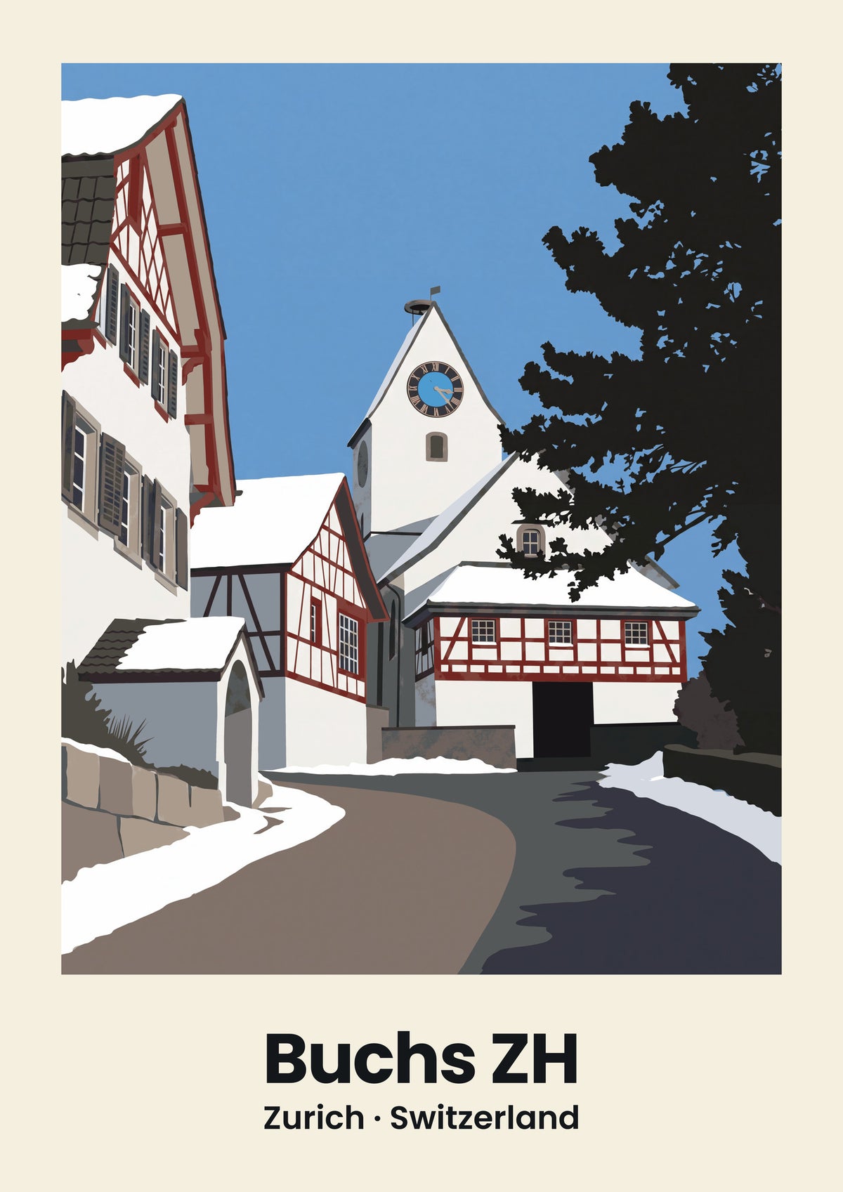 Buchs ZH Poster — Reformierte Kirche, flache Illustration