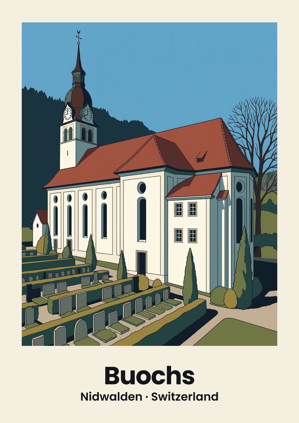 Buochs Poster — Pfarrkirche St. Martin, flache Illustration