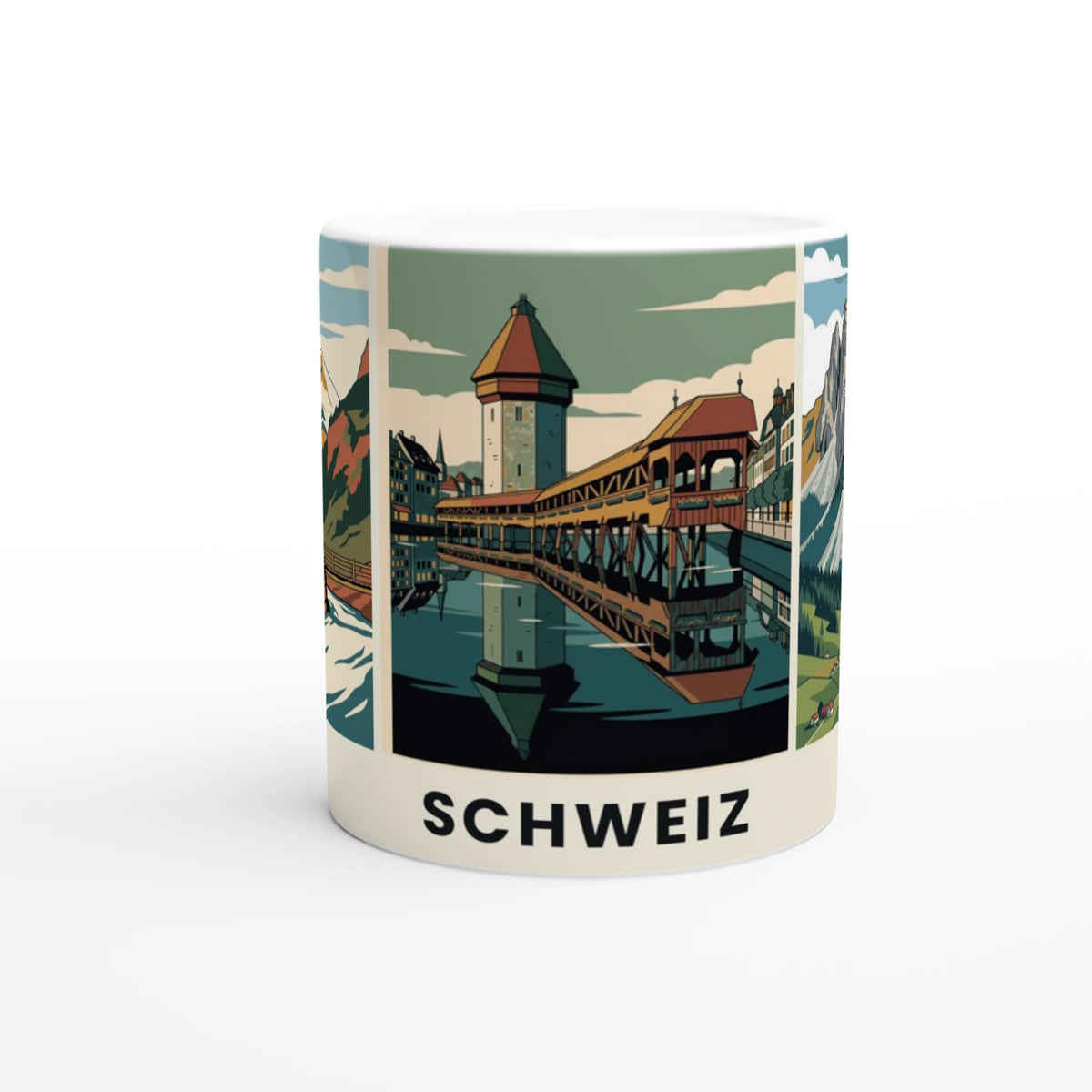 Schweiz Tasse mit Matterhorn, Kapellbrücke, Mythen, flache Illustration