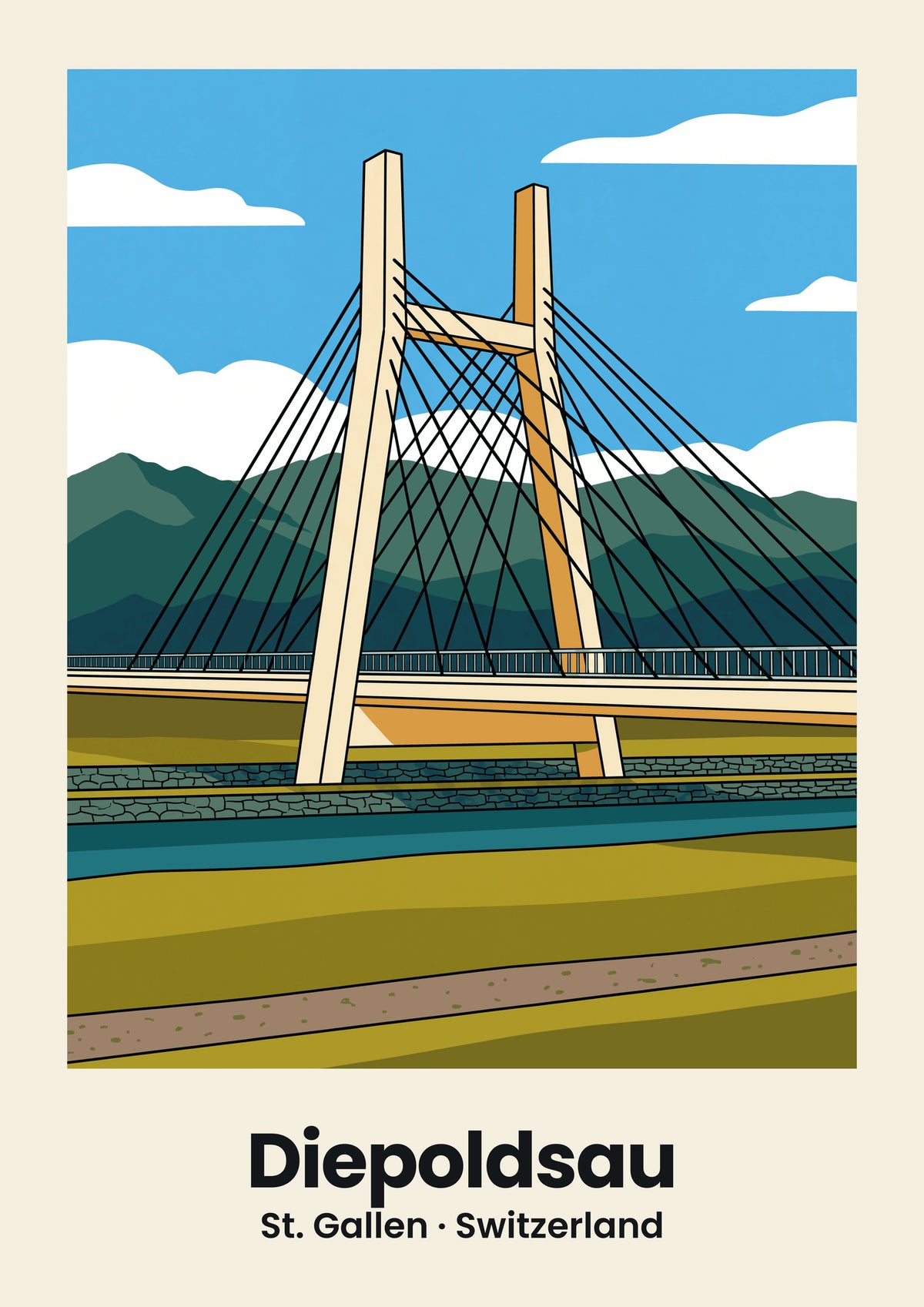 Diepoldsau Poster — Rheinbrücke, flache Illustration