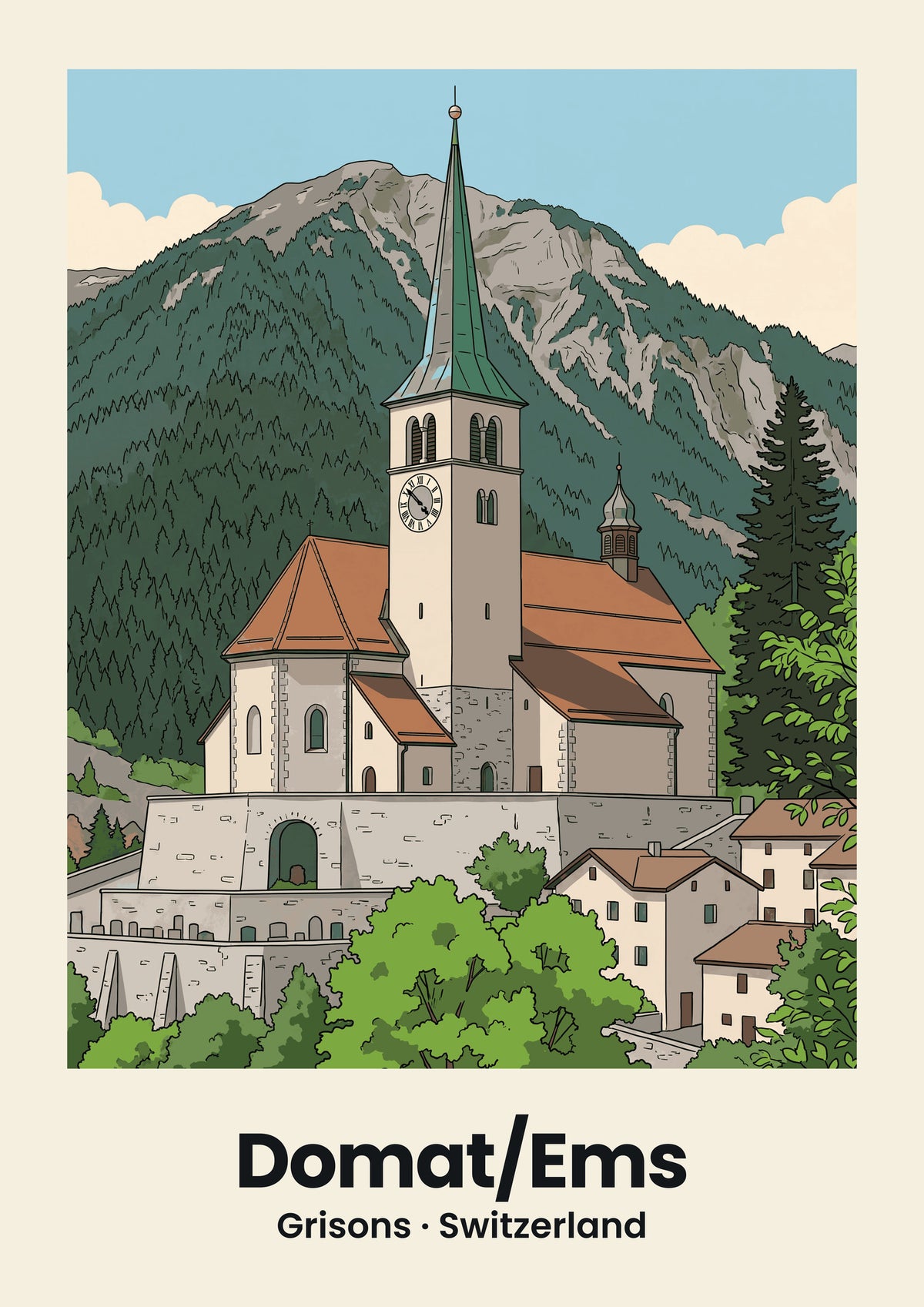 Domat/Ems Poster — Kirche Sogn Gion, flache Illustration
