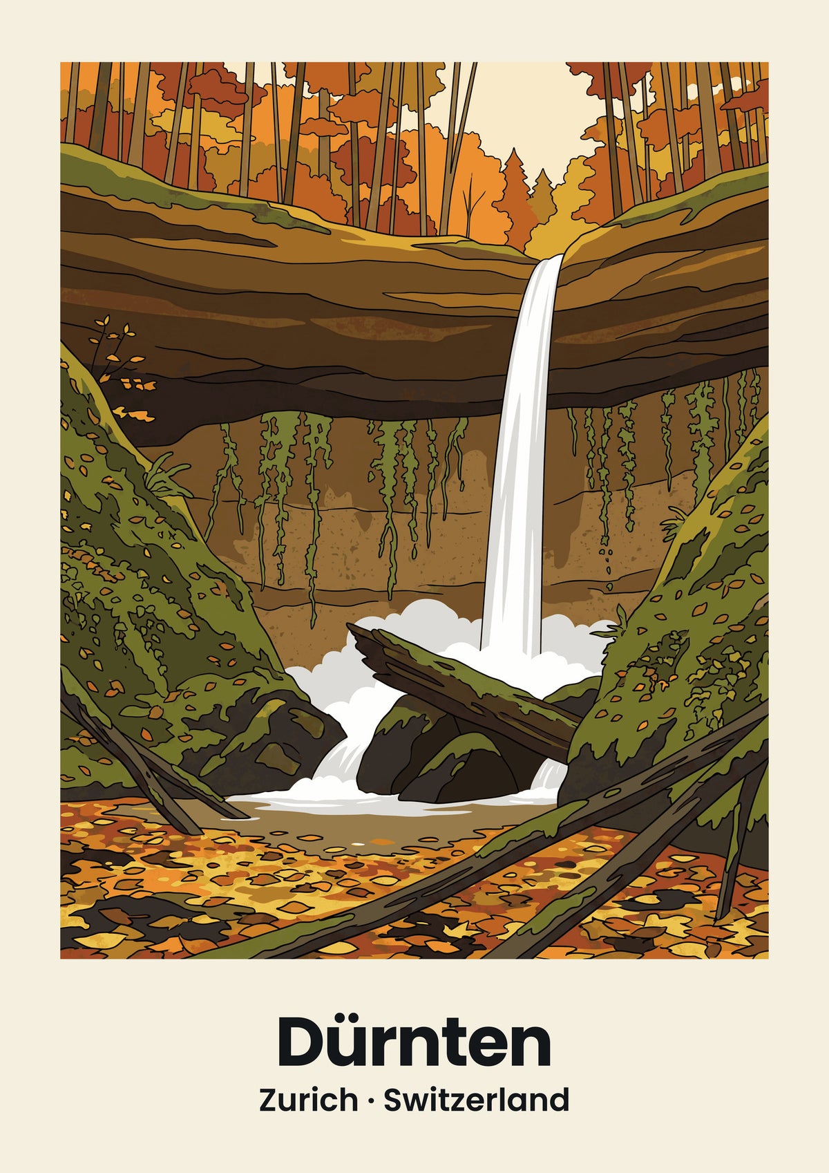 Dürnten Poster — Chatzenbach-Wasserfall, flache Illustration