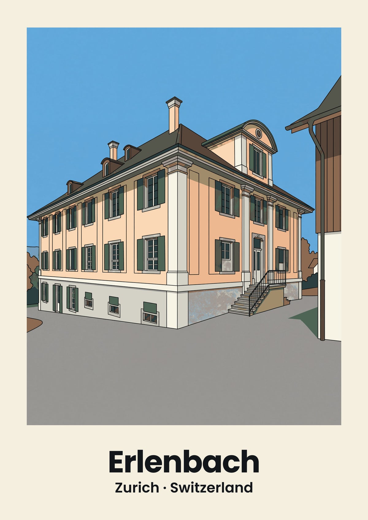 Erlenbach Poster — Landsitz Mariahalde, flache Illustration