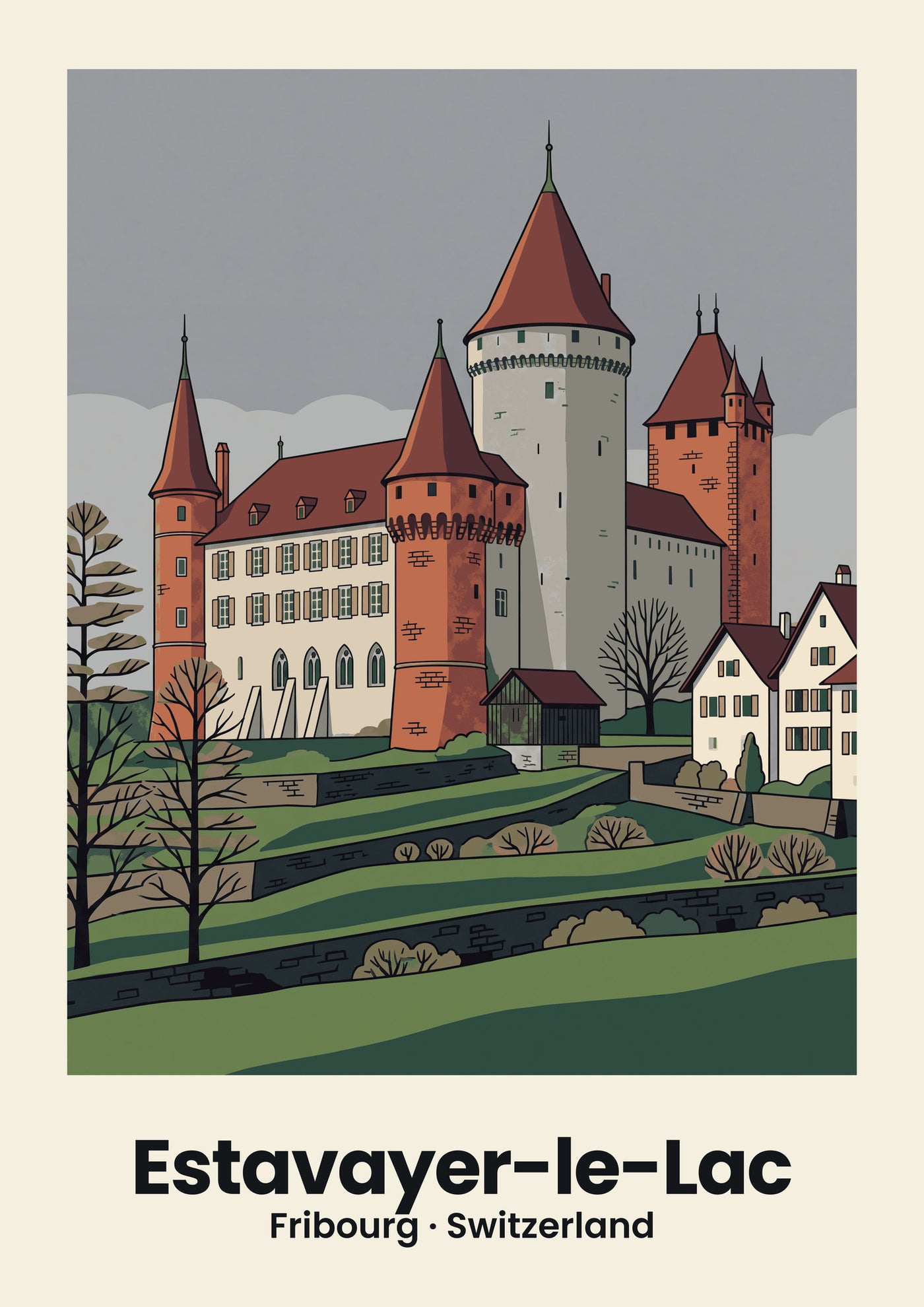 Estavayer-le-Lac Poster — Schloss Chenaux, flache Illustration