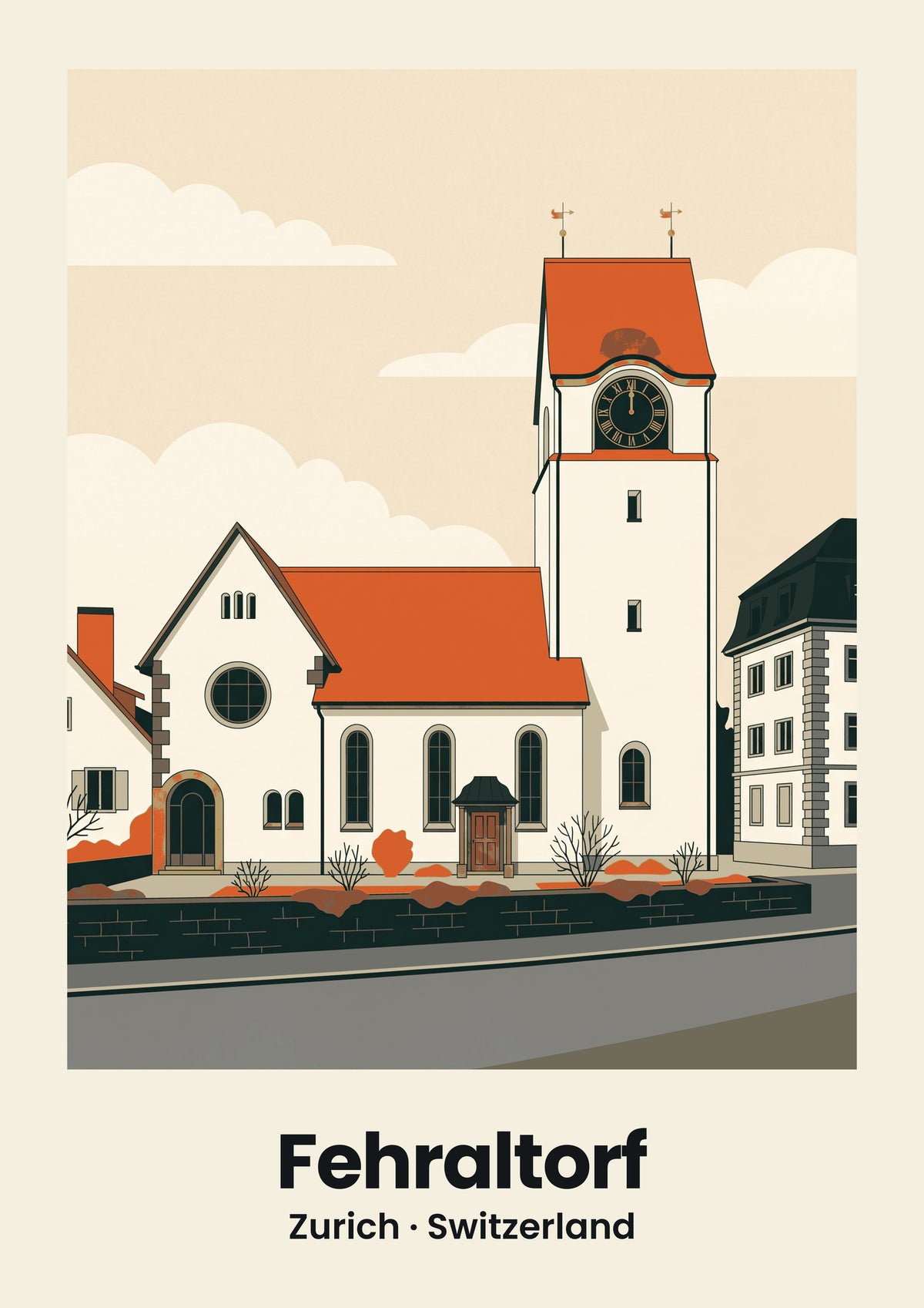 Fehraltorf Poster — Reformierte Kirche, flache Illustration