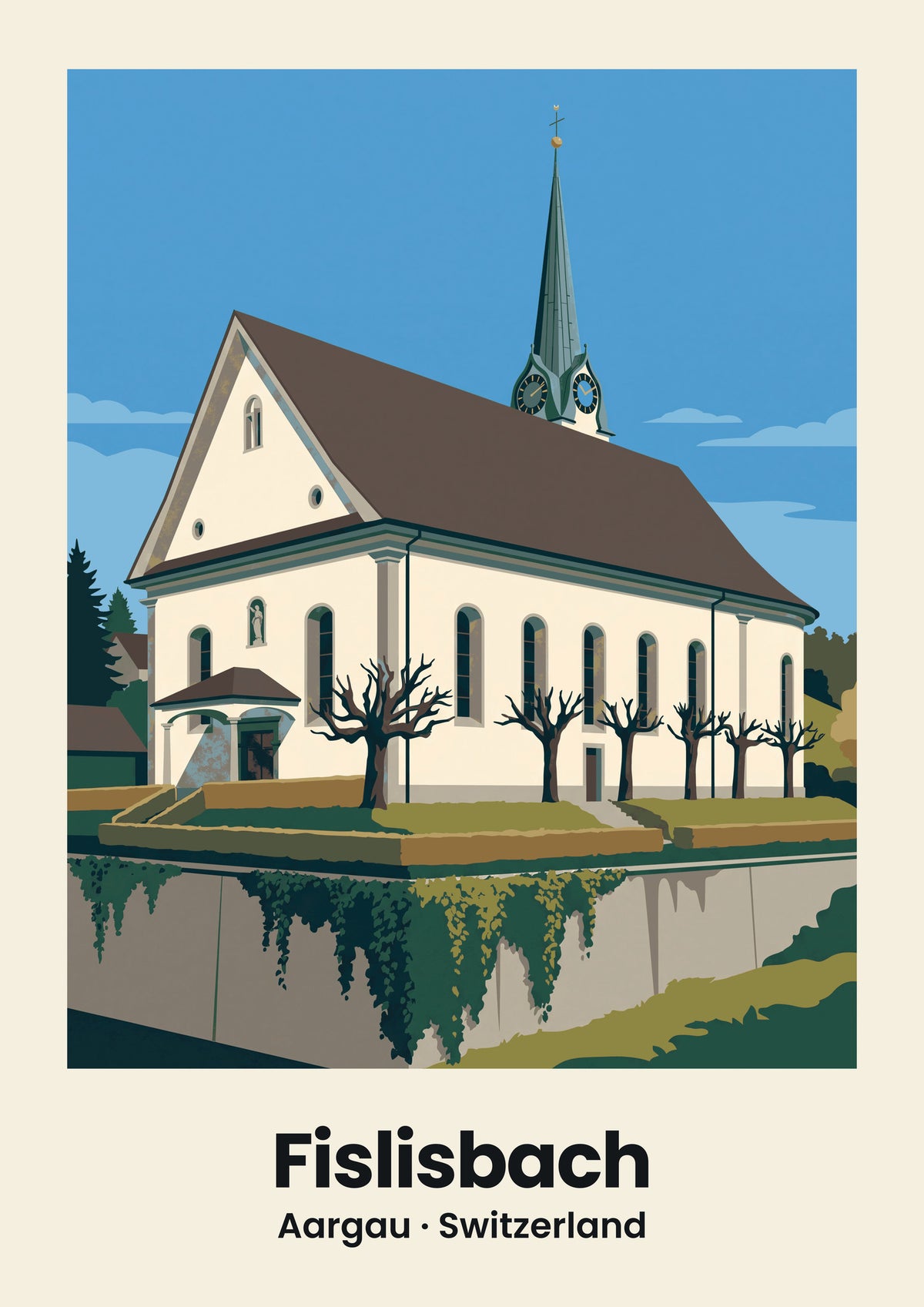 Fislisbach Poster — Katholische Kirche St. Agatha, flache Illustration