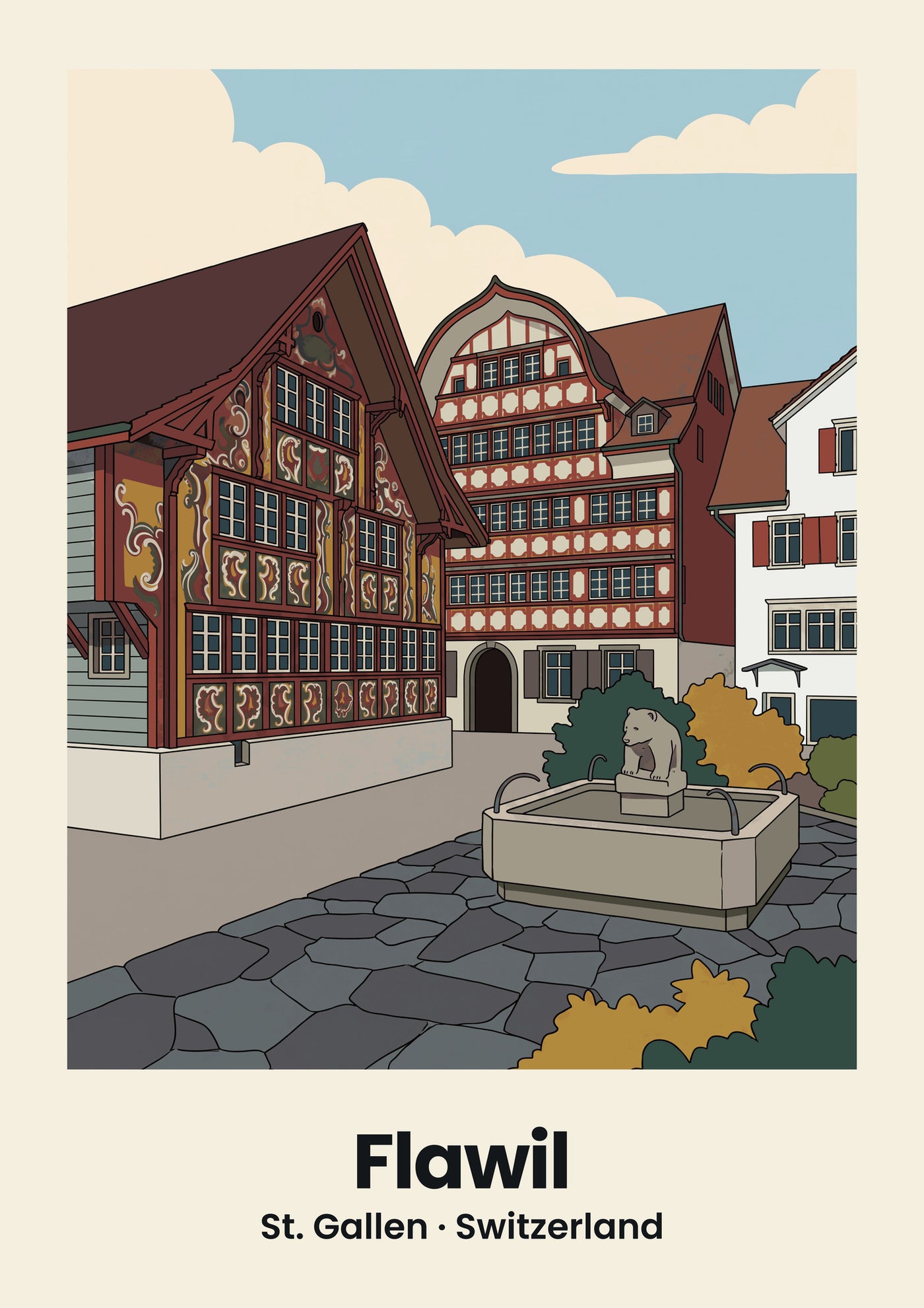 Flawil Poster — Kühnishaus und Kommandantenhaus, flache Illustration