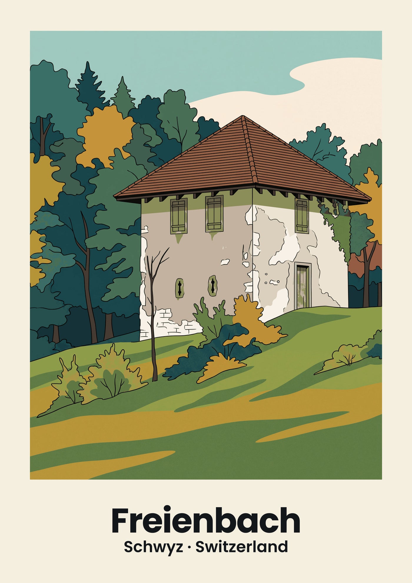 Freienbach Poster — Ufenau Island, flache Illustration