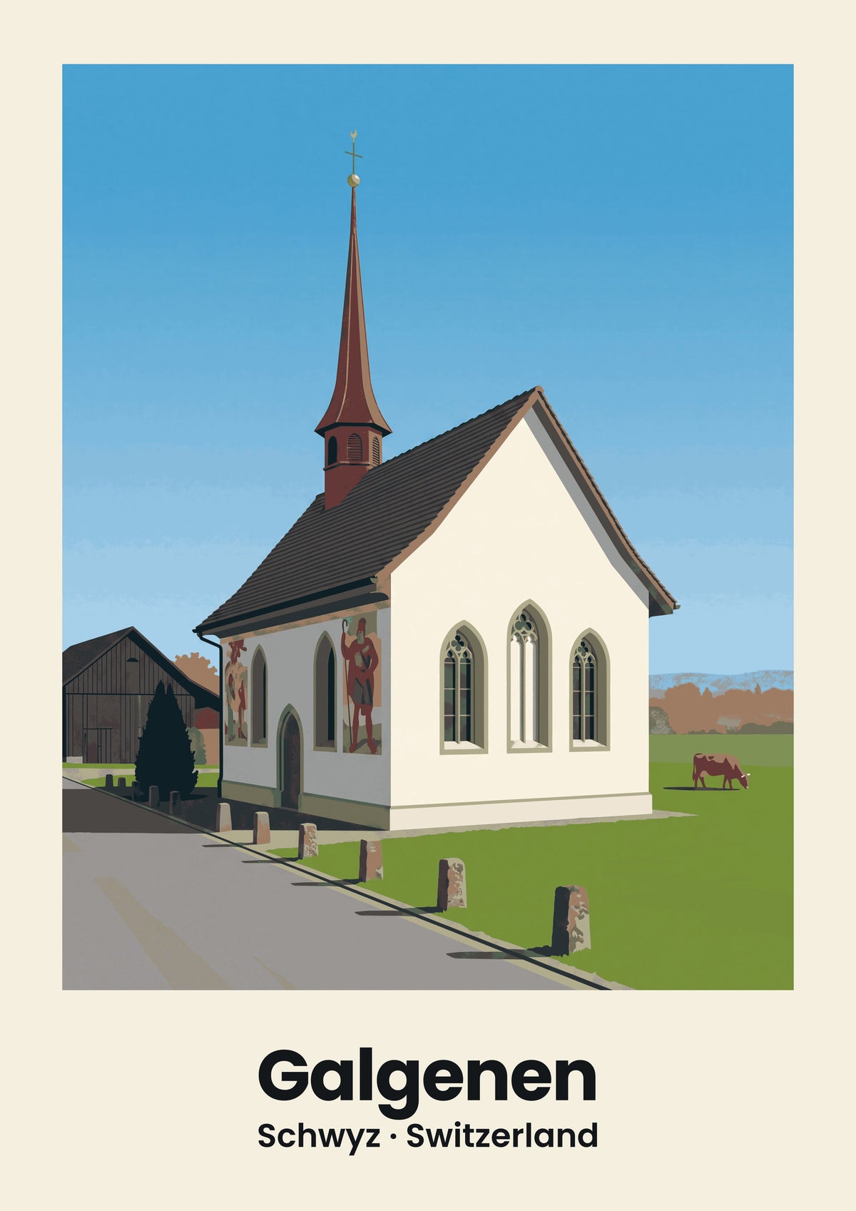 Galgenen Poster — Kapelle St. Jost, flache Illustration