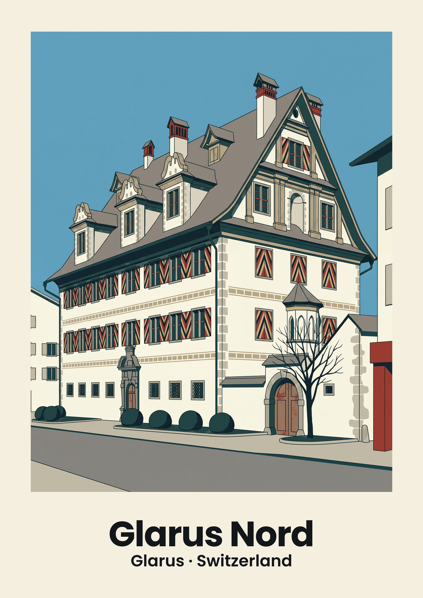 Glarus Nord Poster — Freulerpalast, flache Illustration