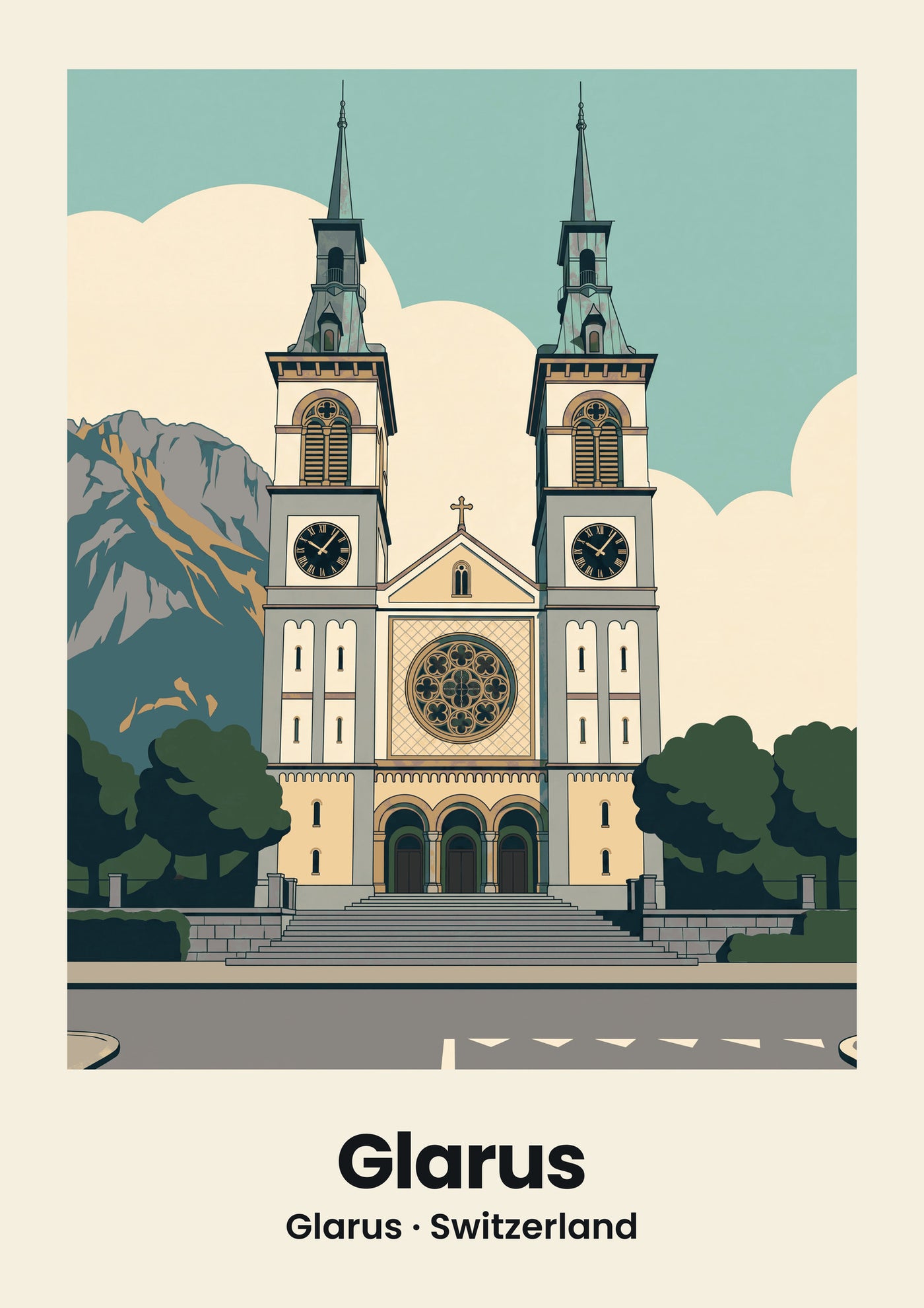 Glarus Poster — Stadtkirche, flache Illustration