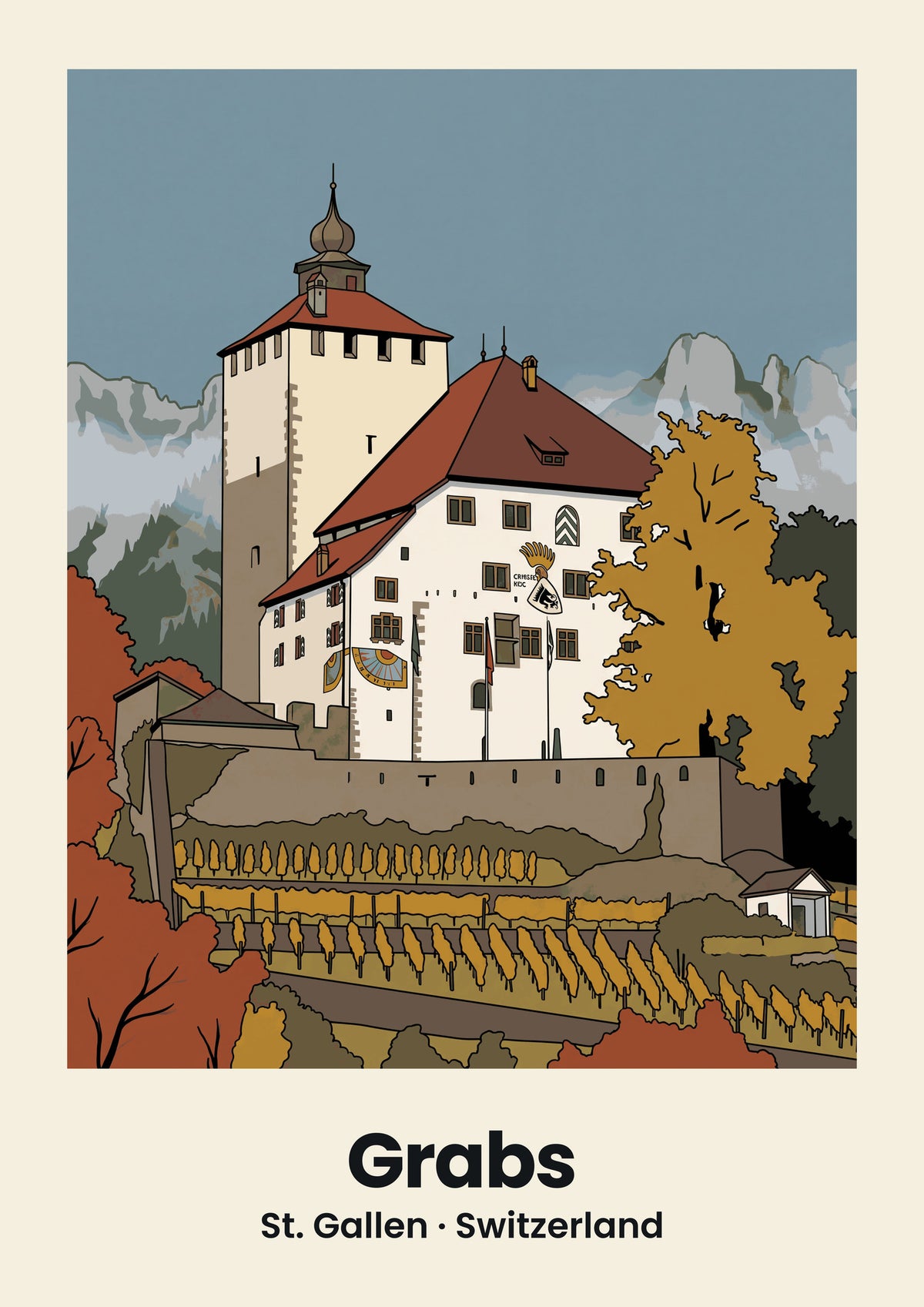 Grabs Poster — Schloss Werdenberg, flache Illustration