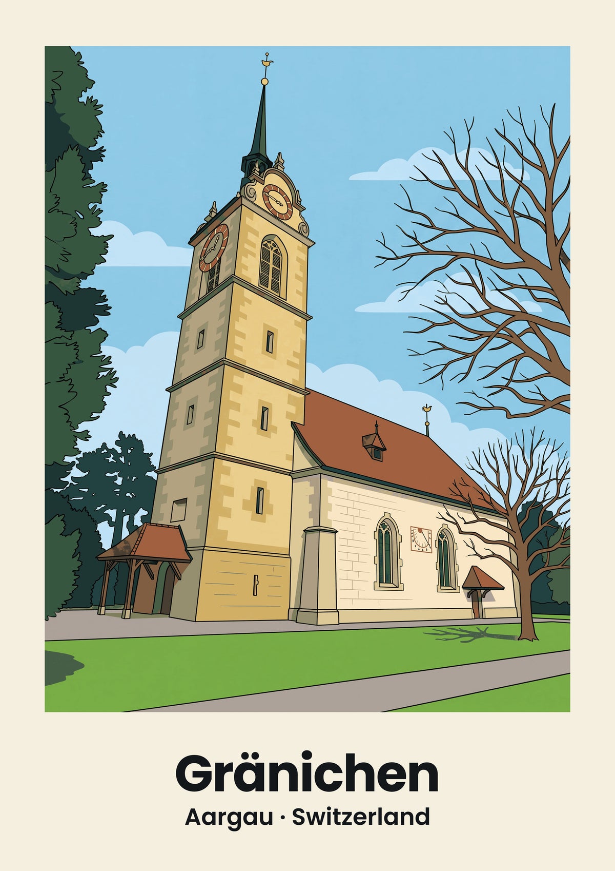 Gränichen Poster — Reformierte Kirche, flache Illustration