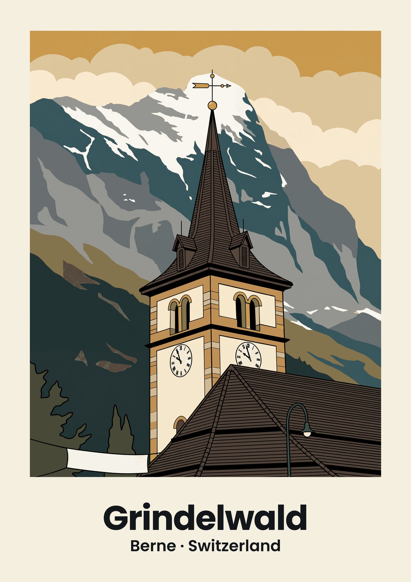 Grindelwald Poster — Eiger mit Kirchturm, flache Illustration