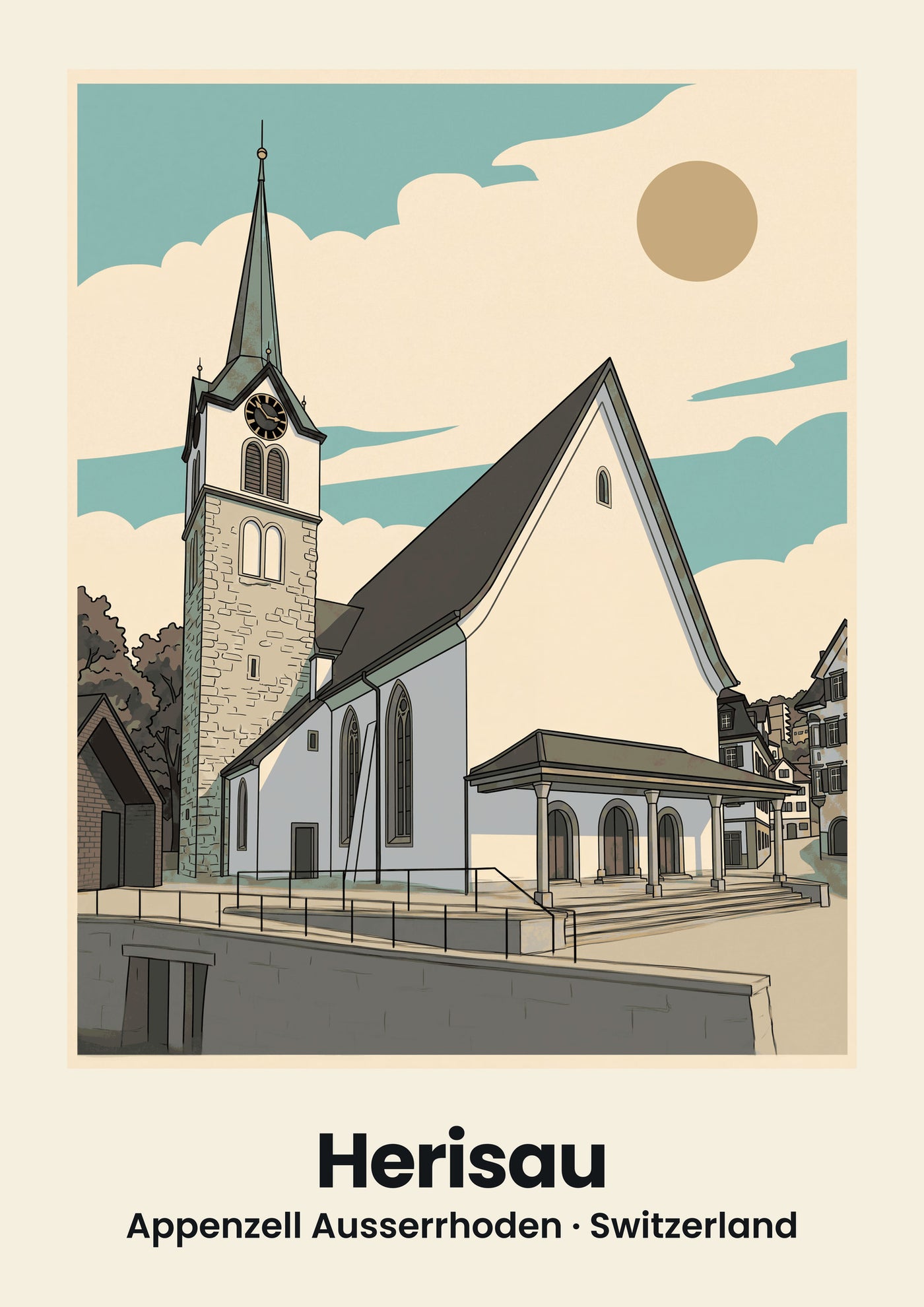 Herisau Poster — Reformierte Kirche, flache Illustration