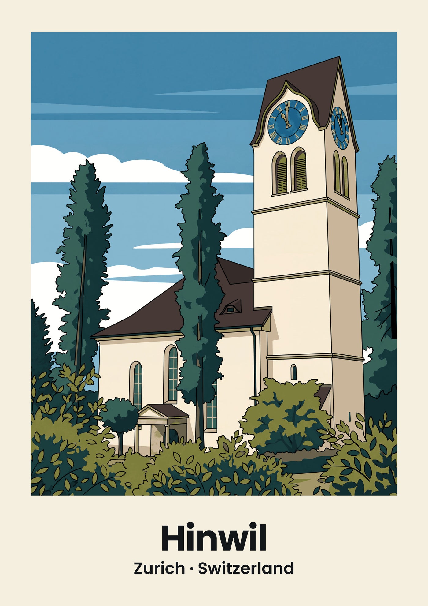 Hinwil Poster — Reformierte Kirche, flache Illustration