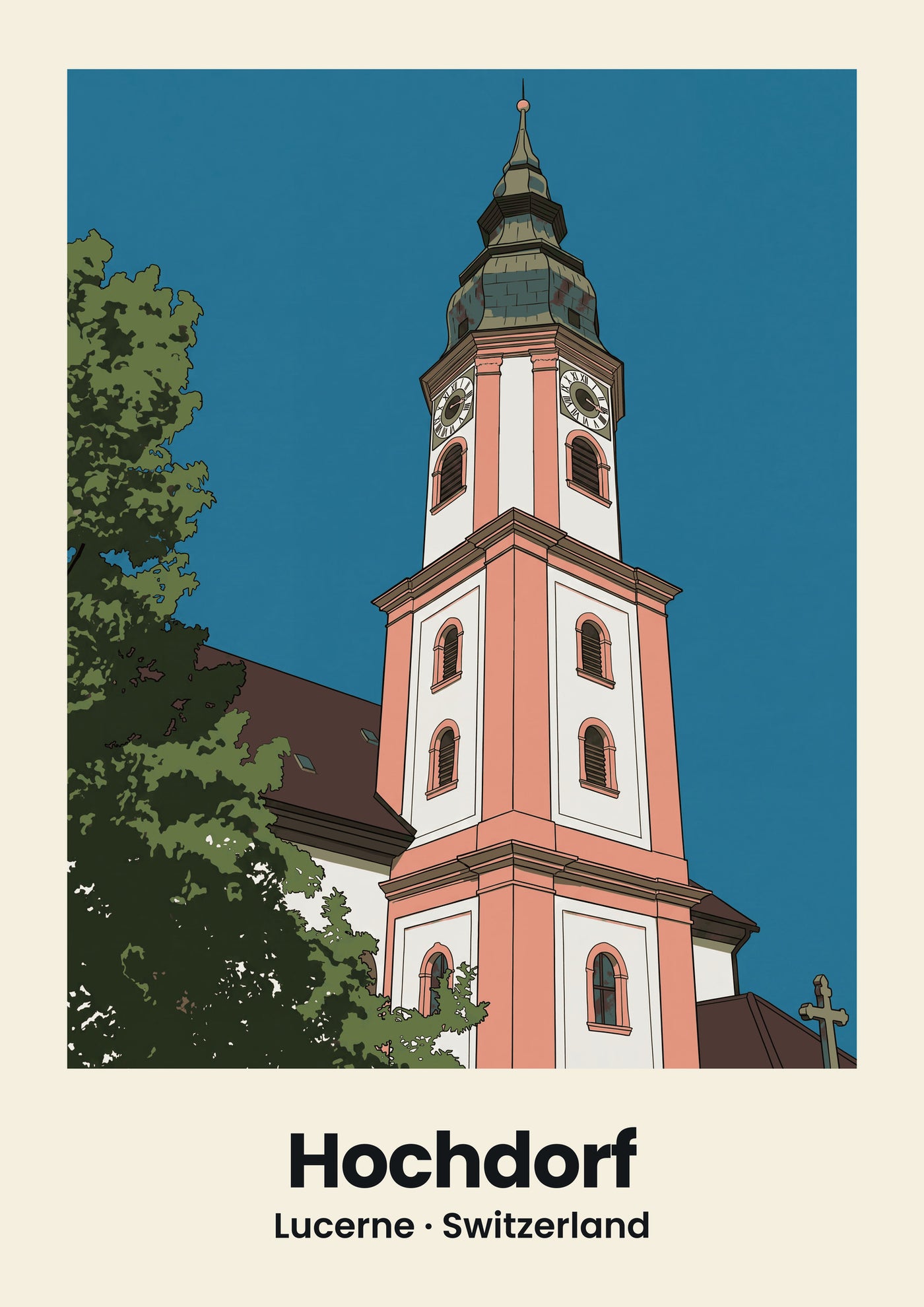 Hochdorf Poster — Kirche St. Martin, flache Illustration