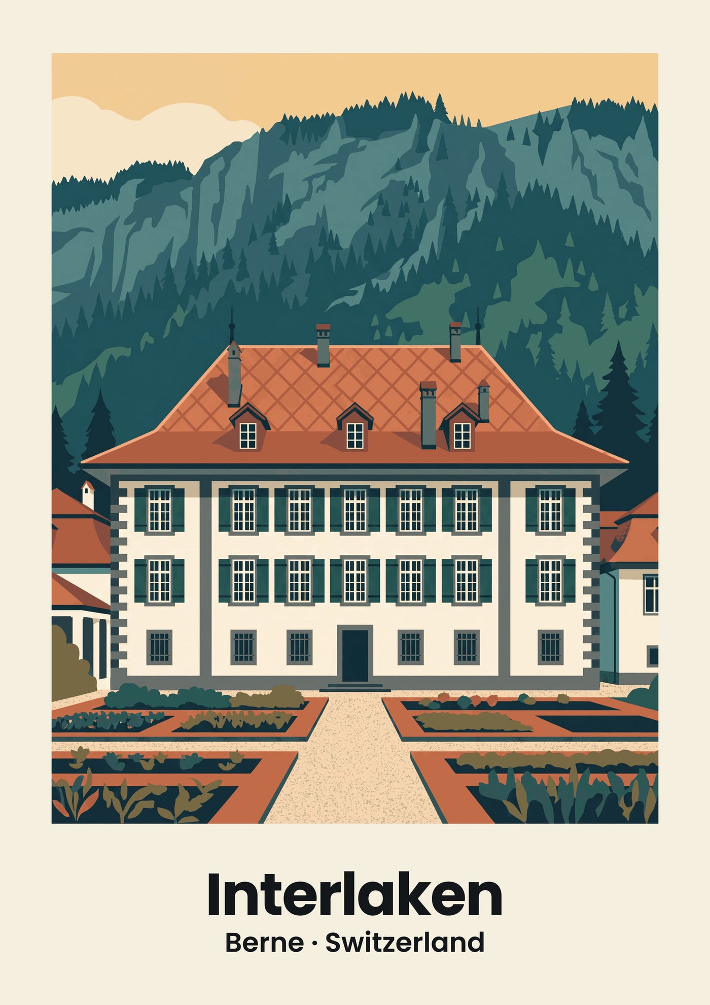 Interlaken Poster — Augustinerkloster, flache Illustration