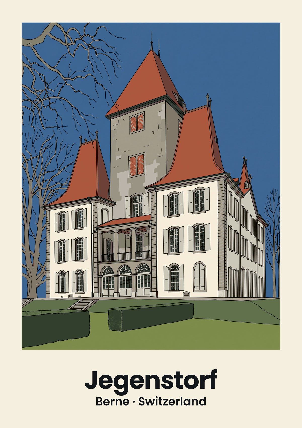 Jegenstorf Poster — Schloss, flache Illustration