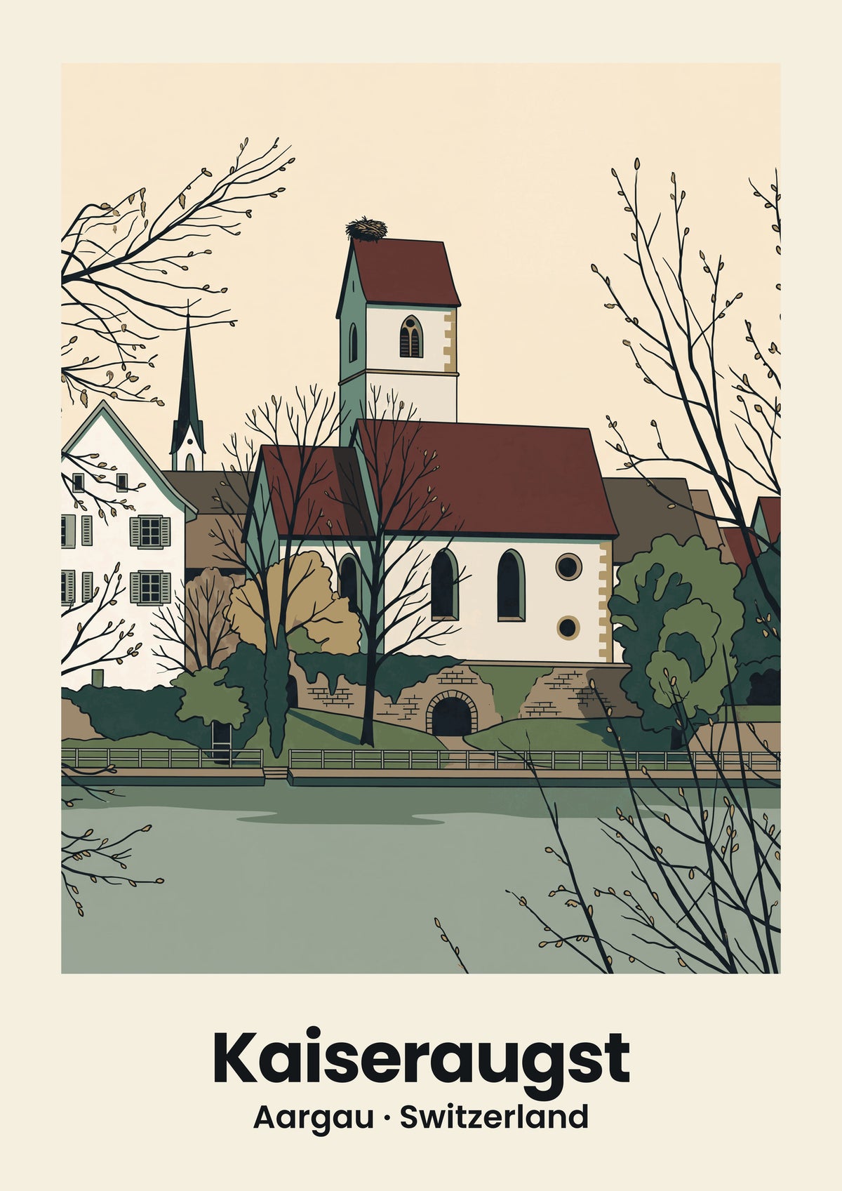 Kaiseraugst Poster — Christkatholische Kirche St. Gallus, flache Illustration