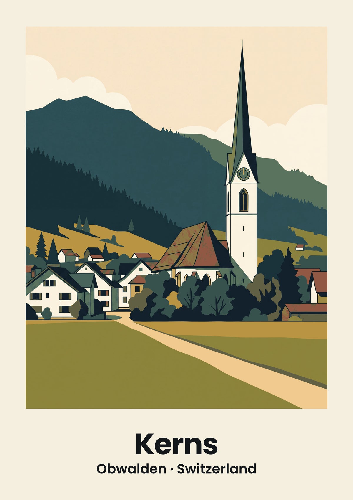 Kerns Poster — Kapelle St. Nikolaus und Pfarrkirche St. Gallus, flache Illustration