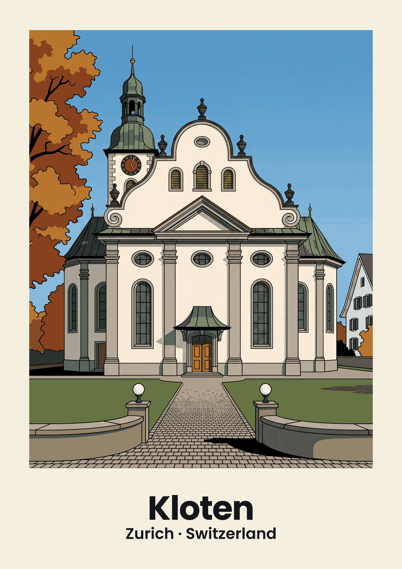 Kloten Poster — Reformierte Kirche, flache Illustration