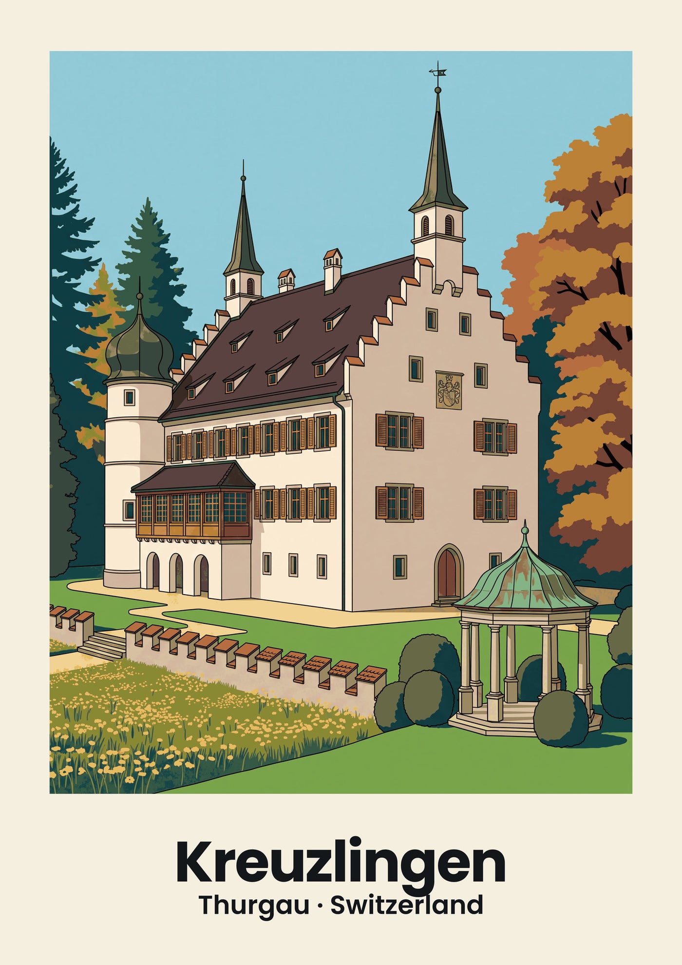 Kreuzlingen Poster — Schloss Seeburg, flache Illustration