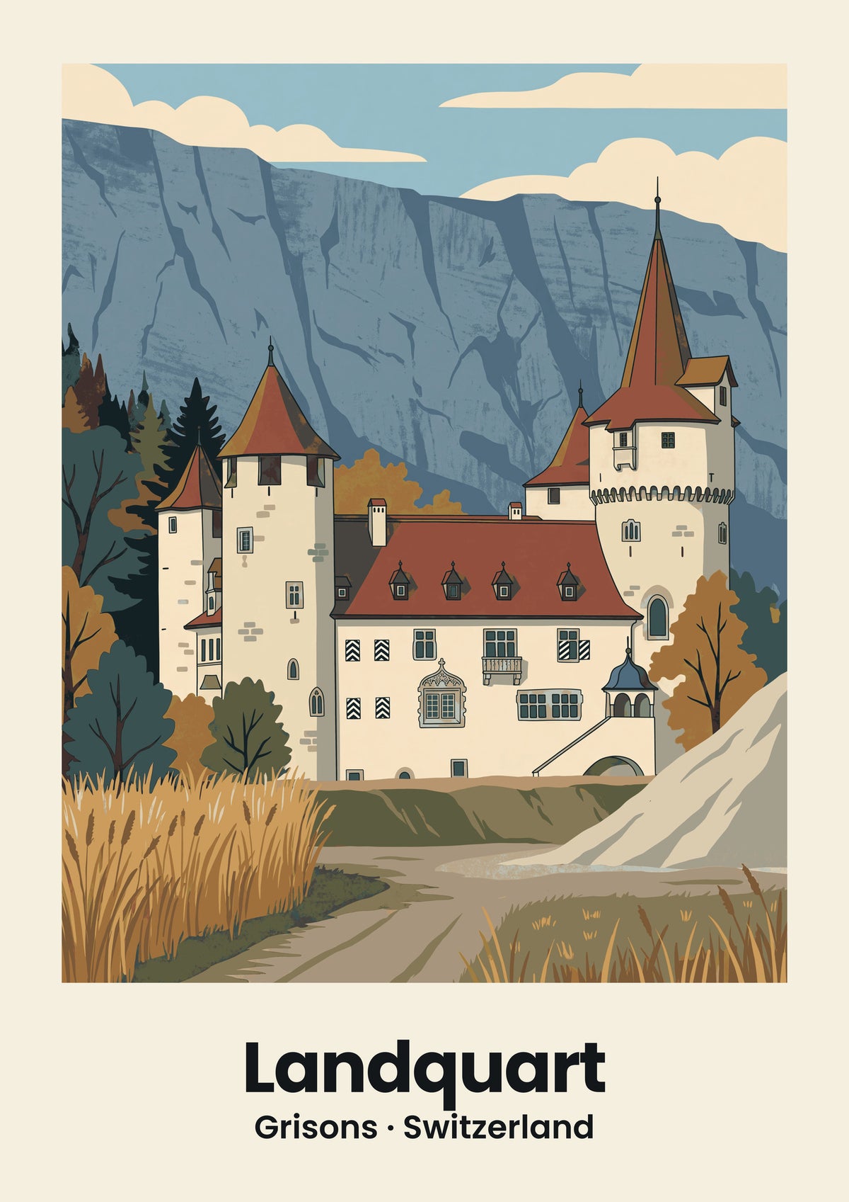 Landquart Poster — Schloss Marschlins, flache Illustration
