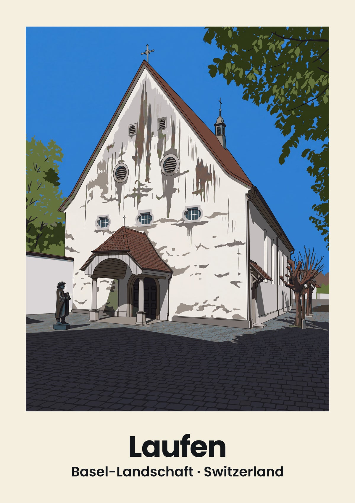 Laufen Poster — Christkatholische Kirche St. Katharina, flache Illustration