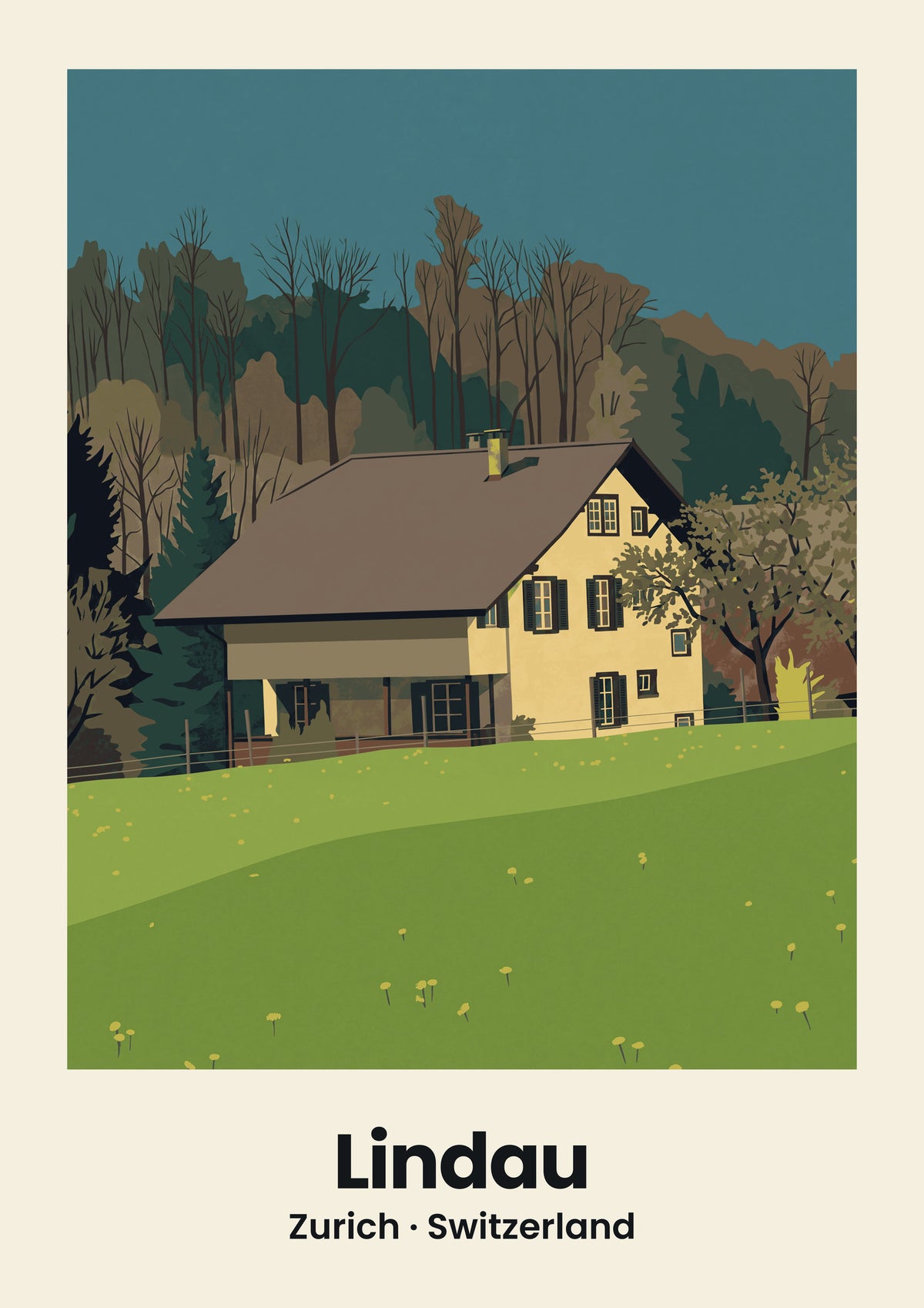 Lindau Poster — Dorfbild, flache Illustration