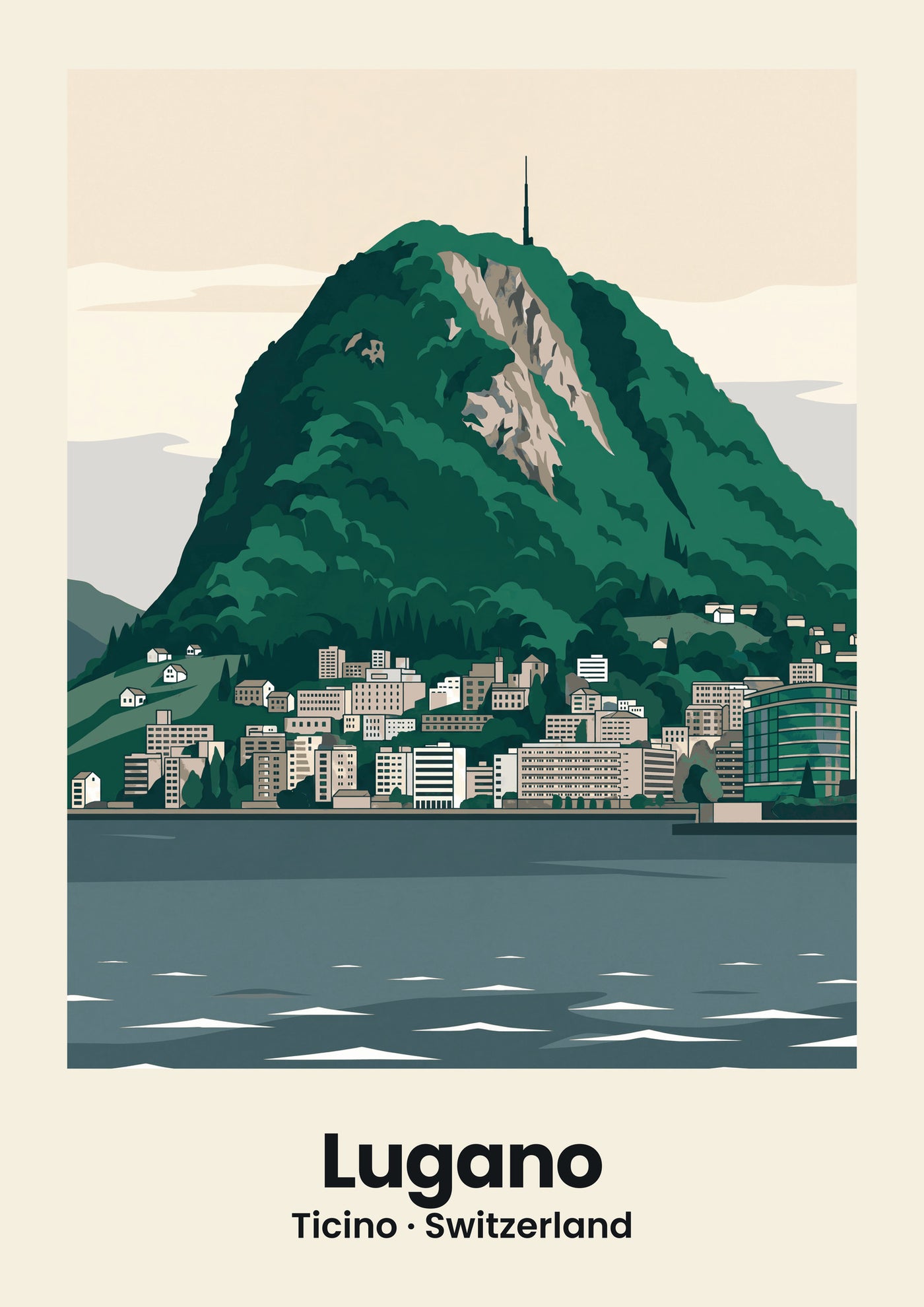 Lugano Poster — Monte San Salvatore, flache Illustration