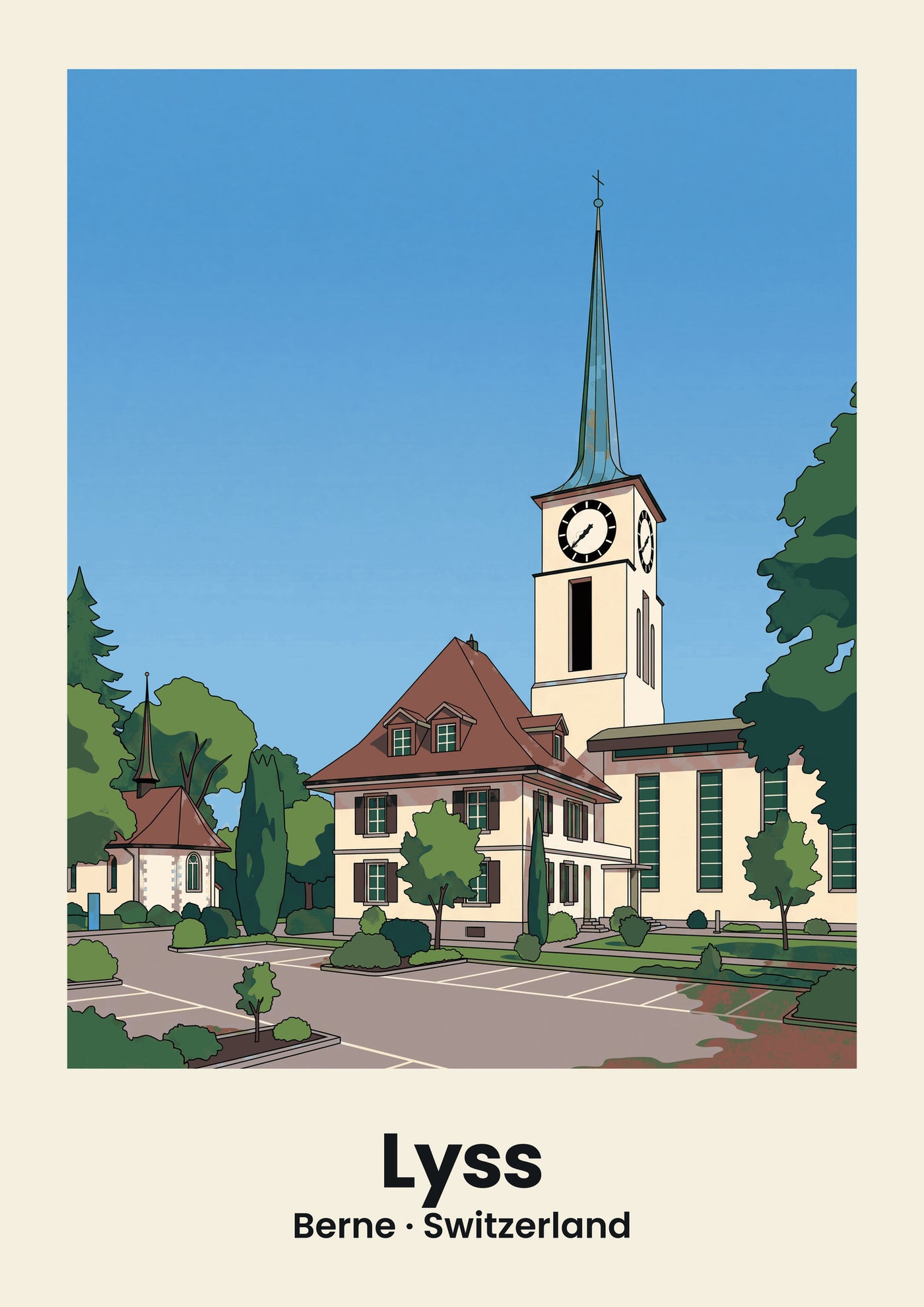Lyss Poster — Alte reformierte Kirche, flache Illustration
