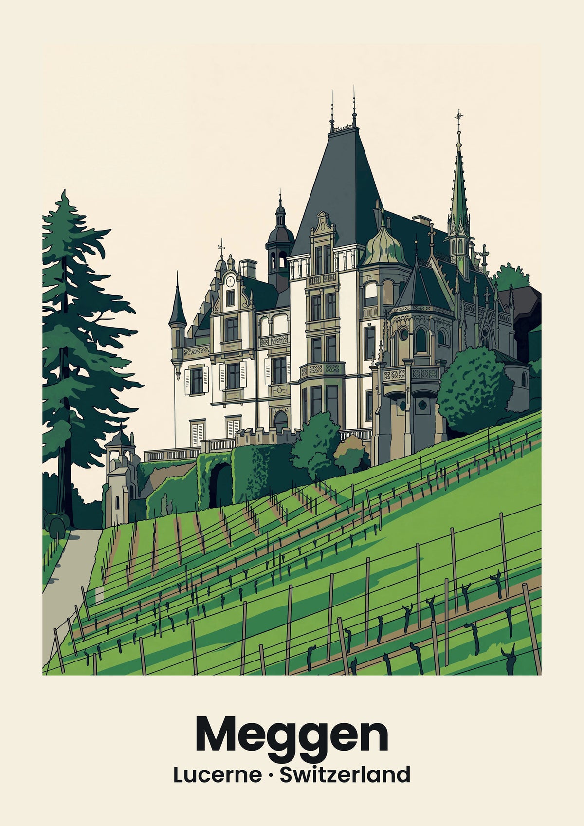 Meggen Poster — Schloss Meggenhorn, flache Illustration