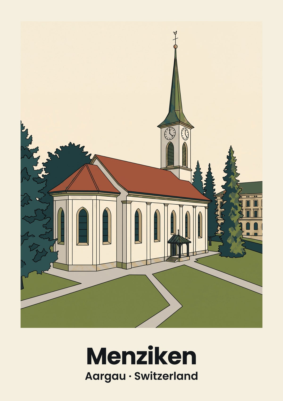 Menziken Poster — Reformierte Kirche, flache Illustration